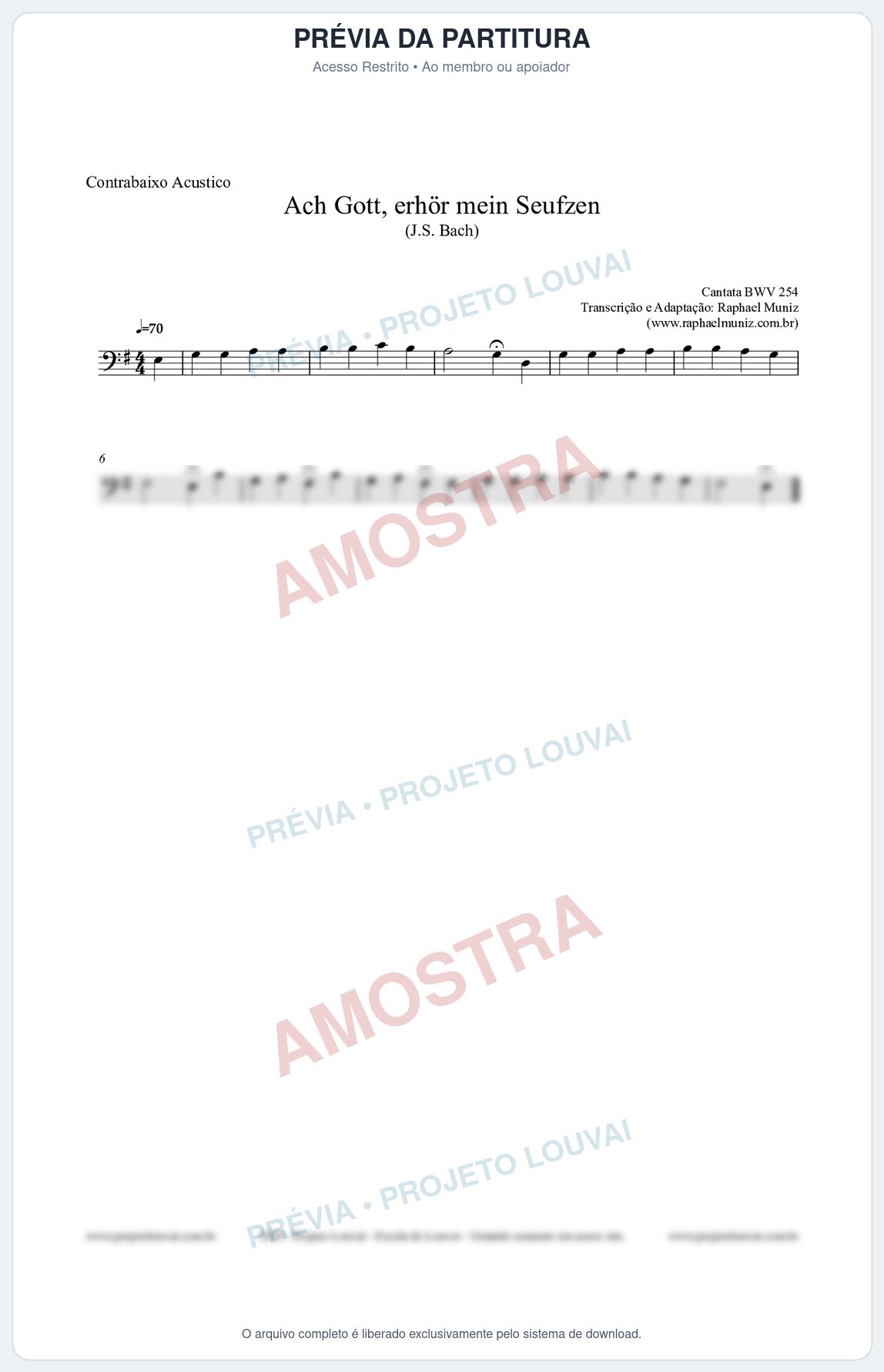 Prévia protegida da primeira página da partitura Partitura para Contrabaixo Acústico - Ach Gott, erhör mein Seufzen (BWV 254) (Tom Em) - Johann Sebastian Bach
