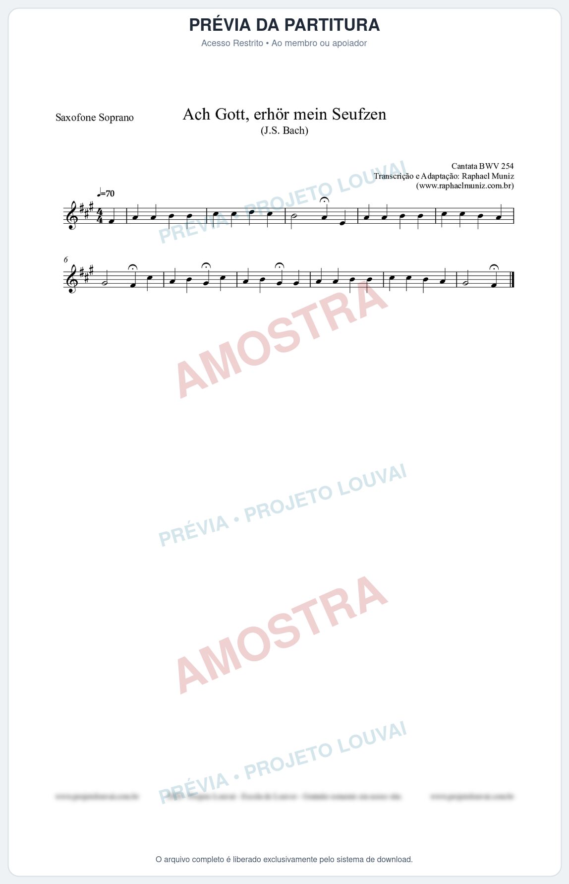 Prévia protegida da primeira página da partitura Partitura para Saxofone Soprano - Ach Gott, erhör mein Seufzen (BWV 254) (Tom Em) - Johann Sebastian Bach