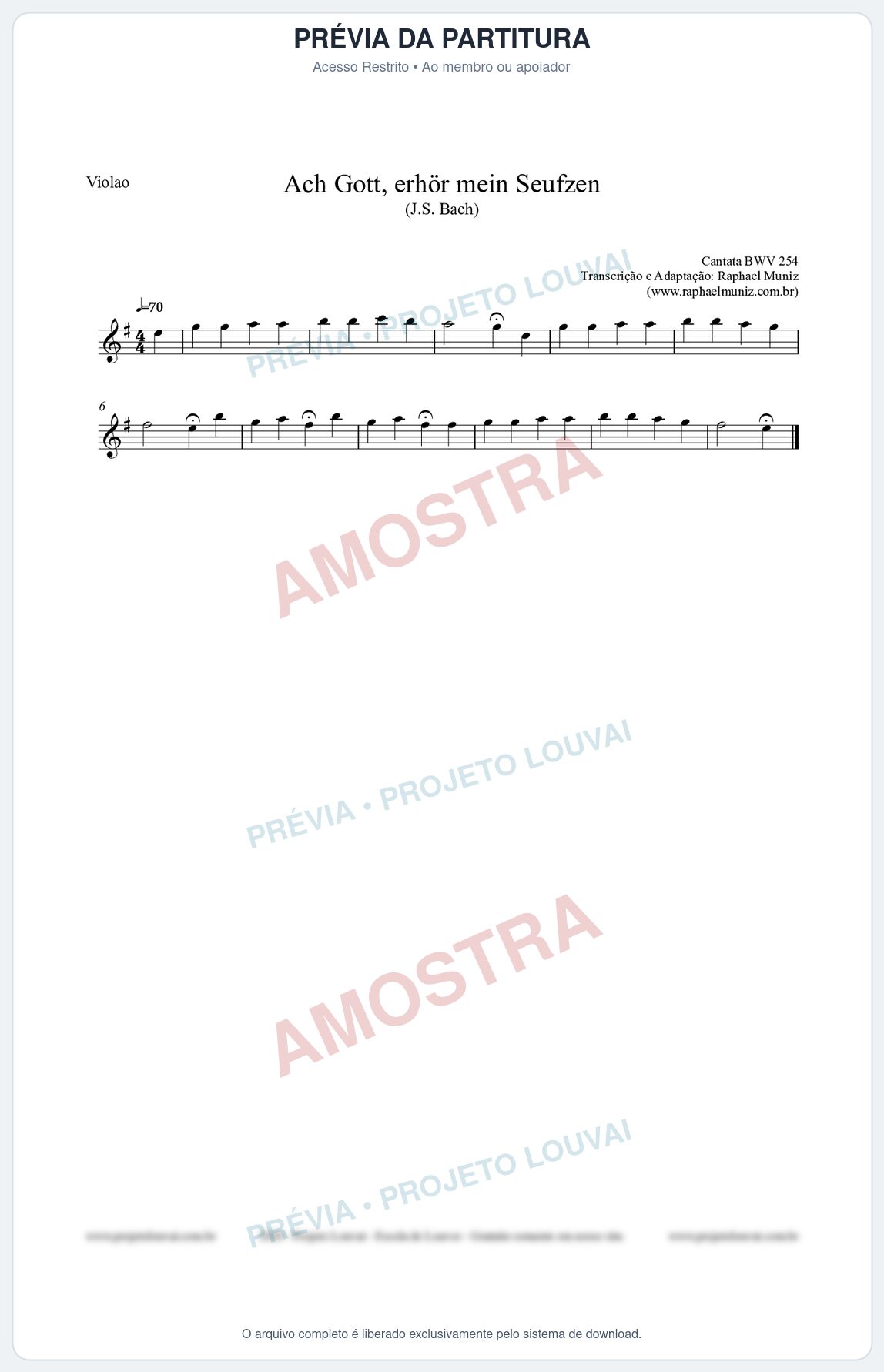 Prévia protegida da primeira página da partitura Partitura para Violão - Ach Gott, erhör mein Seufzen (BWV 254) (Tom Em) - Johann Sebastian Bach