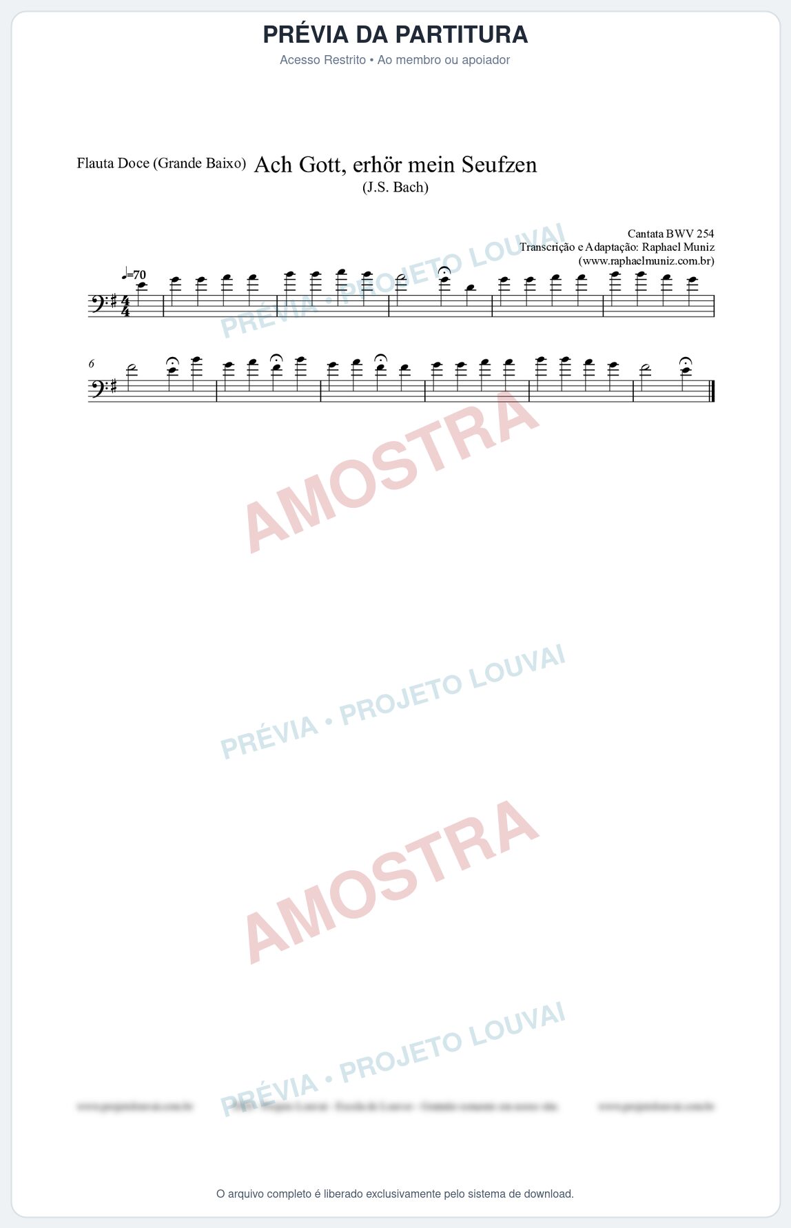 Prévia protegida da primeira página da partitura Partitura para Flauta Doce (Grande Baixo) - Ach Gott, erhör mein Seufzen (BWV 254) (Tom Em) - Johann Sebastian Bach