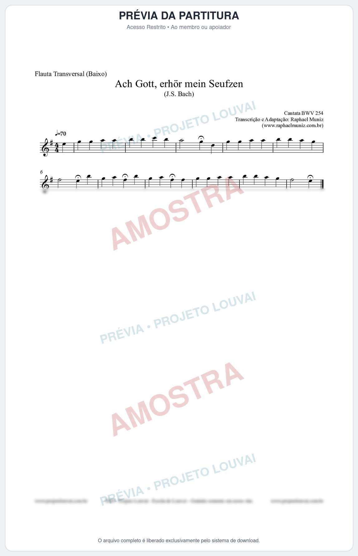 Prévia protegida da primeira página da partitura Partitura para Flauta Transversal (Baixo) - Ach Gott, erhör mein Seufzen (BWV 254) (Tom Em) - Johann Sebastian Bach
