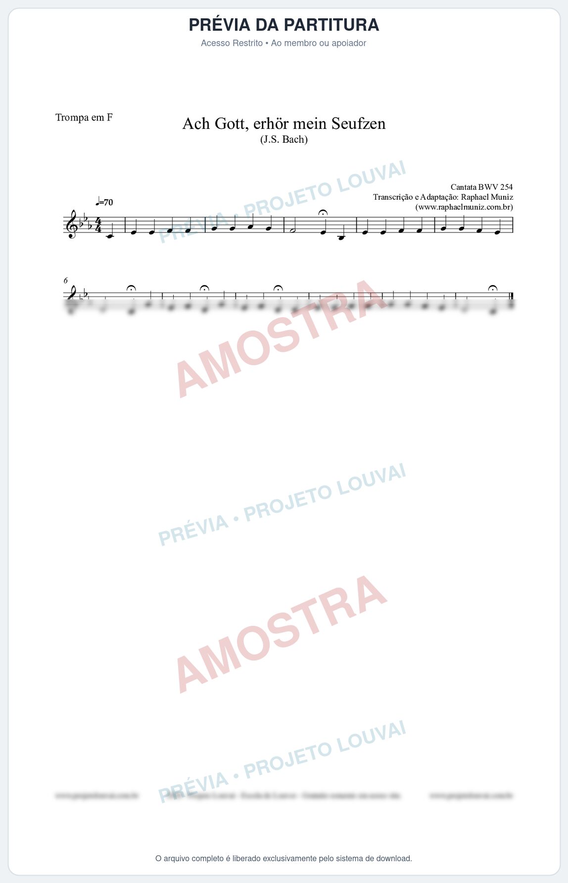 Prévia protegida da primeira página da partitura Partitura para Trompa em F - Ach Gott, erhör mein Seufzen (BWV 254) (Tom Fm) - Johann Sebastian Bach