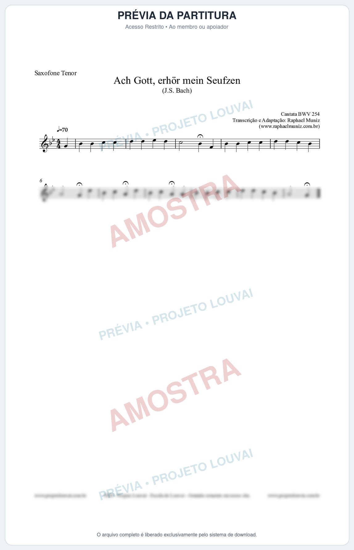 Prévia protegida da primeira página da partitura Partitura para Saxofone Tenor - Ach Gott, erhör mein Seufzen (BWV 254) (Tom Fm) - Johann Sebastian Bach