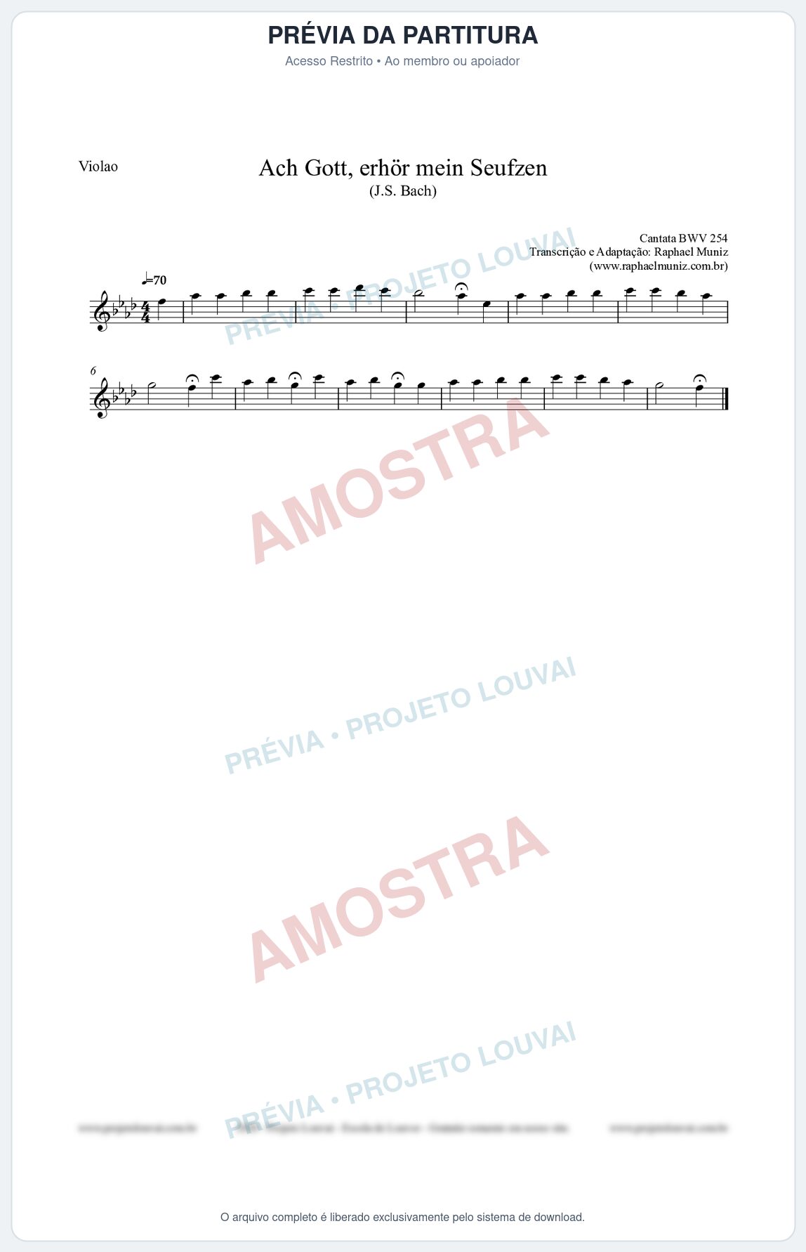 Prévia protegida da primeira página da partitura Partitura para Violão - Ach Gott, erhör mein Seufzen (BWV 254) (Tom Fm) - Johann Sebastian Bach