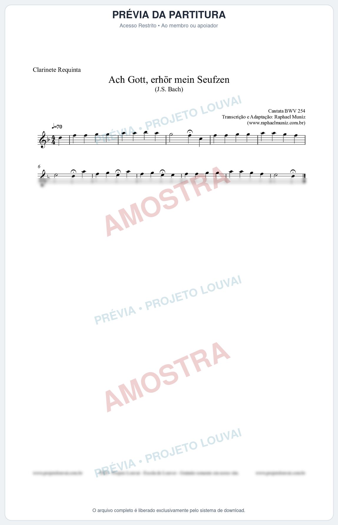 Prévia protegida da primeira página da partitura Partitura para Clarinete Requinta - Ach Gott, erhör mein Seufzen (BWV 254) (Tom Fm) - Johann Sebastian Bach