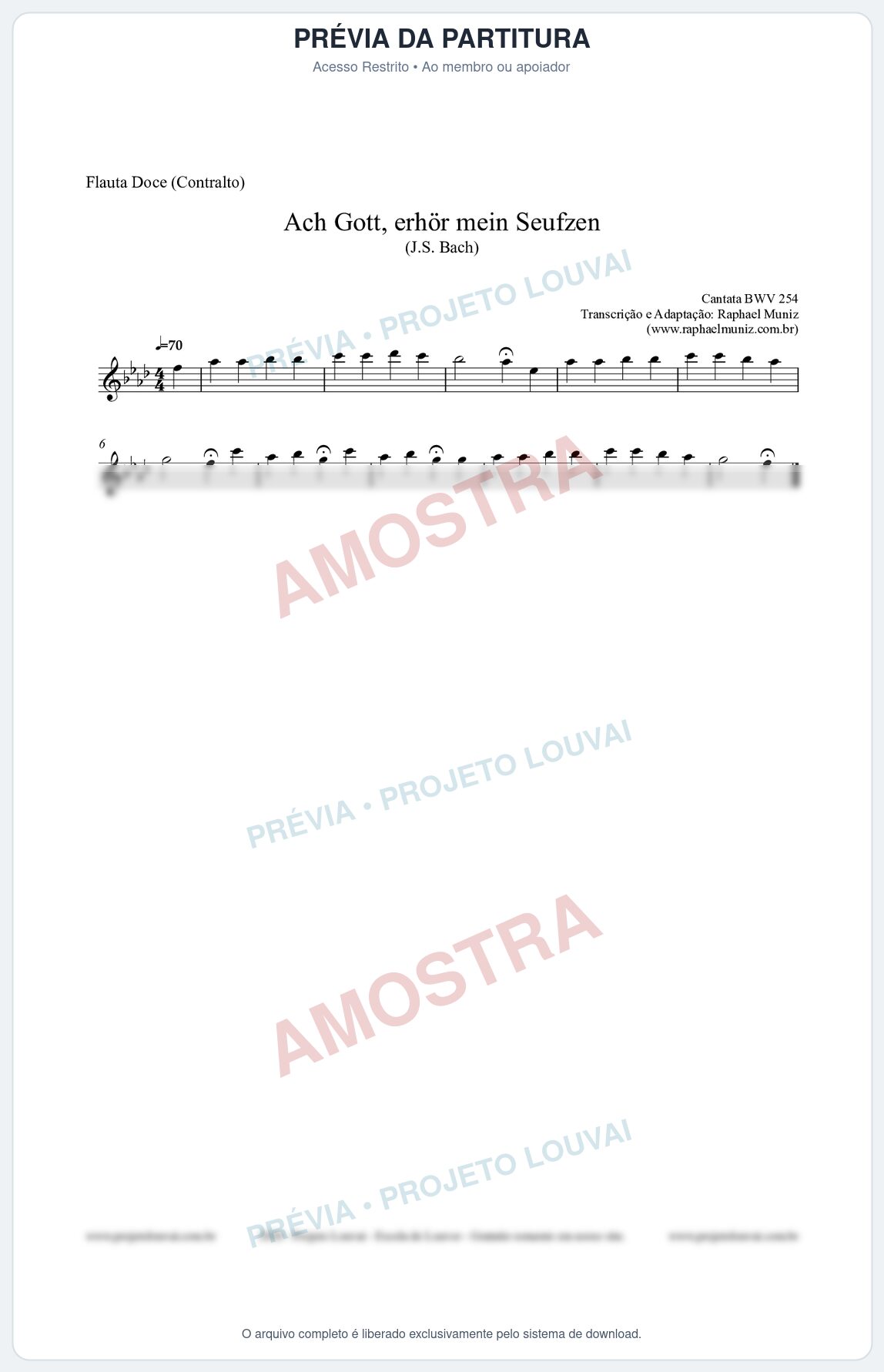 Prévia protegida da primeira página da partitura Partitura para Flauta Doce (Contralto) - Ach Gott, erhör mein Seufzen (BWV 254) (Tom Fm) - Johann Sebastian Bach