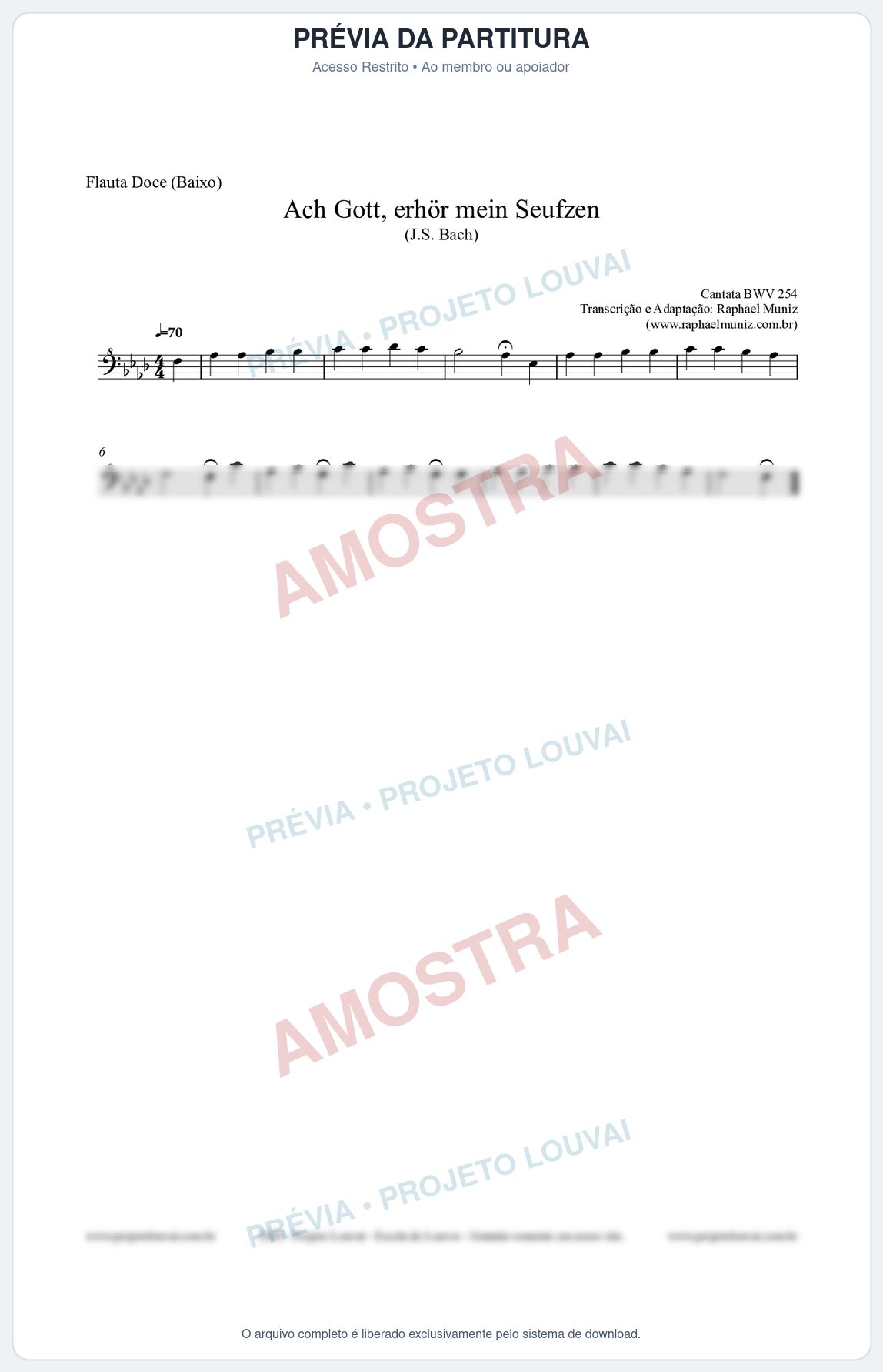 Prévia protegida da primeira página da partitura Partitura para Flauta Doce (Baixo) - Ach Gott, erhör mein Seufzen (BWV 254) (Tom Fm) - Johann Sebastian Bach