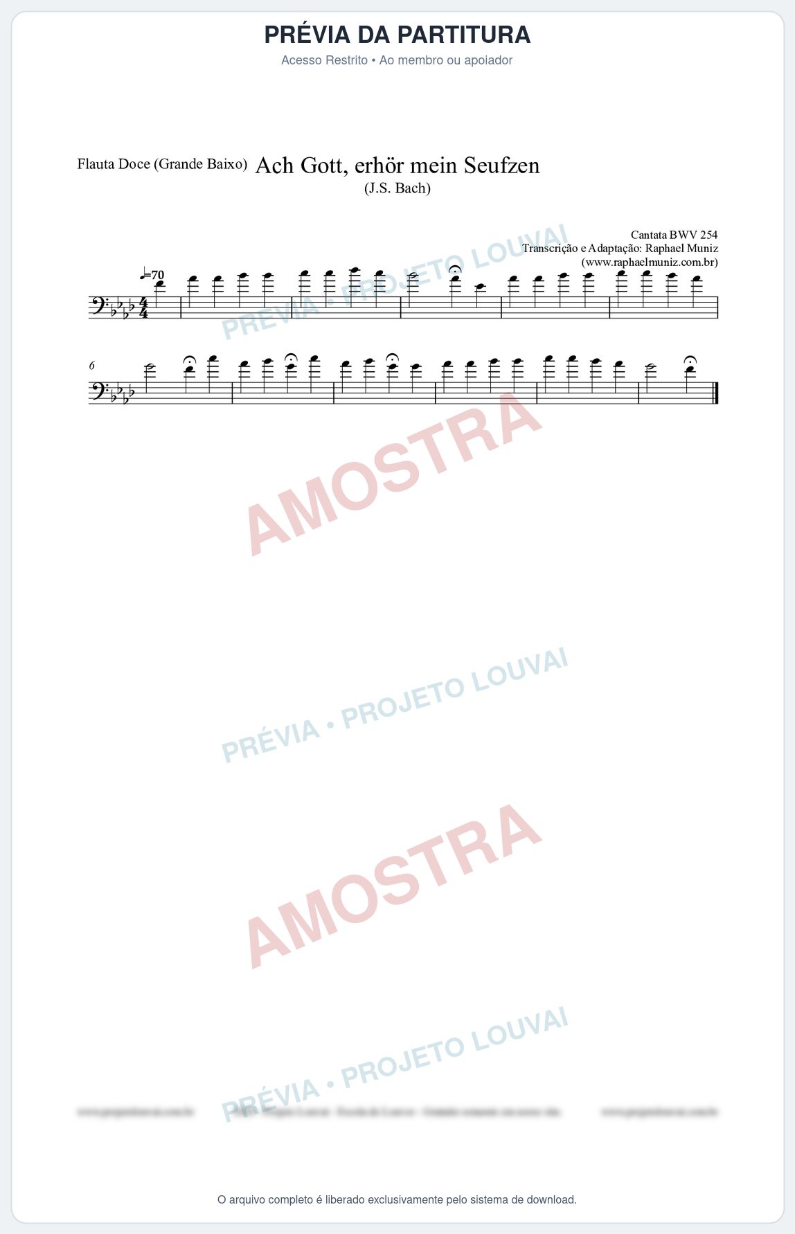 Prévia protegida da primeira página da partitura Partitura para Flauta Doce (Grande Baixo) - Ach Gott, erhör mein Seufzen (BWV 254) (Tom Fm) - Johann Sebastian Bach