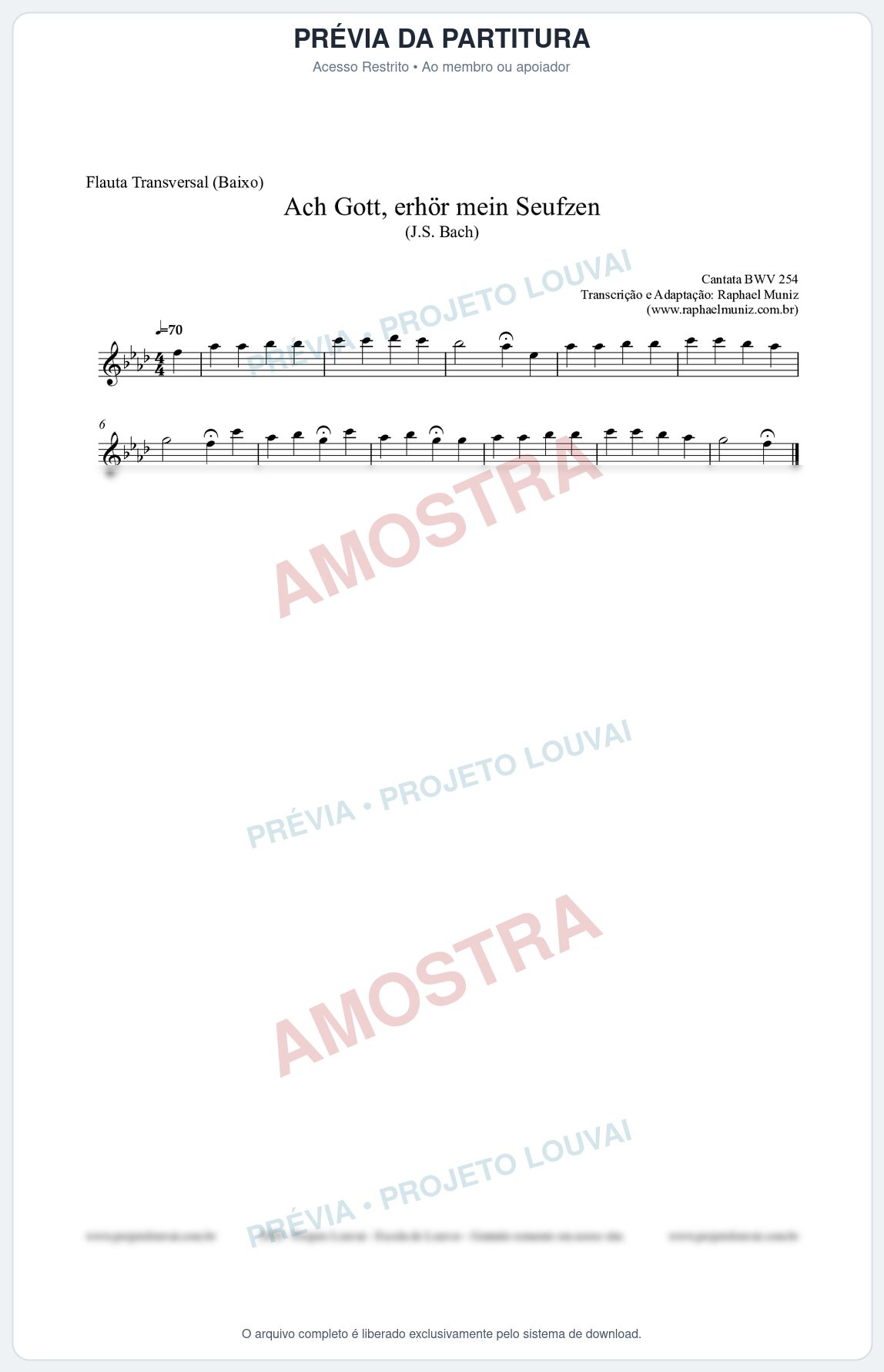 Prévia protegida da primeira página da partitura Partitura para Flauta Transversal (Baixo) - Ach Gott, erhör mein Seufzen (BWV 254) (Tom Fm) - Johann Sebastian Bach