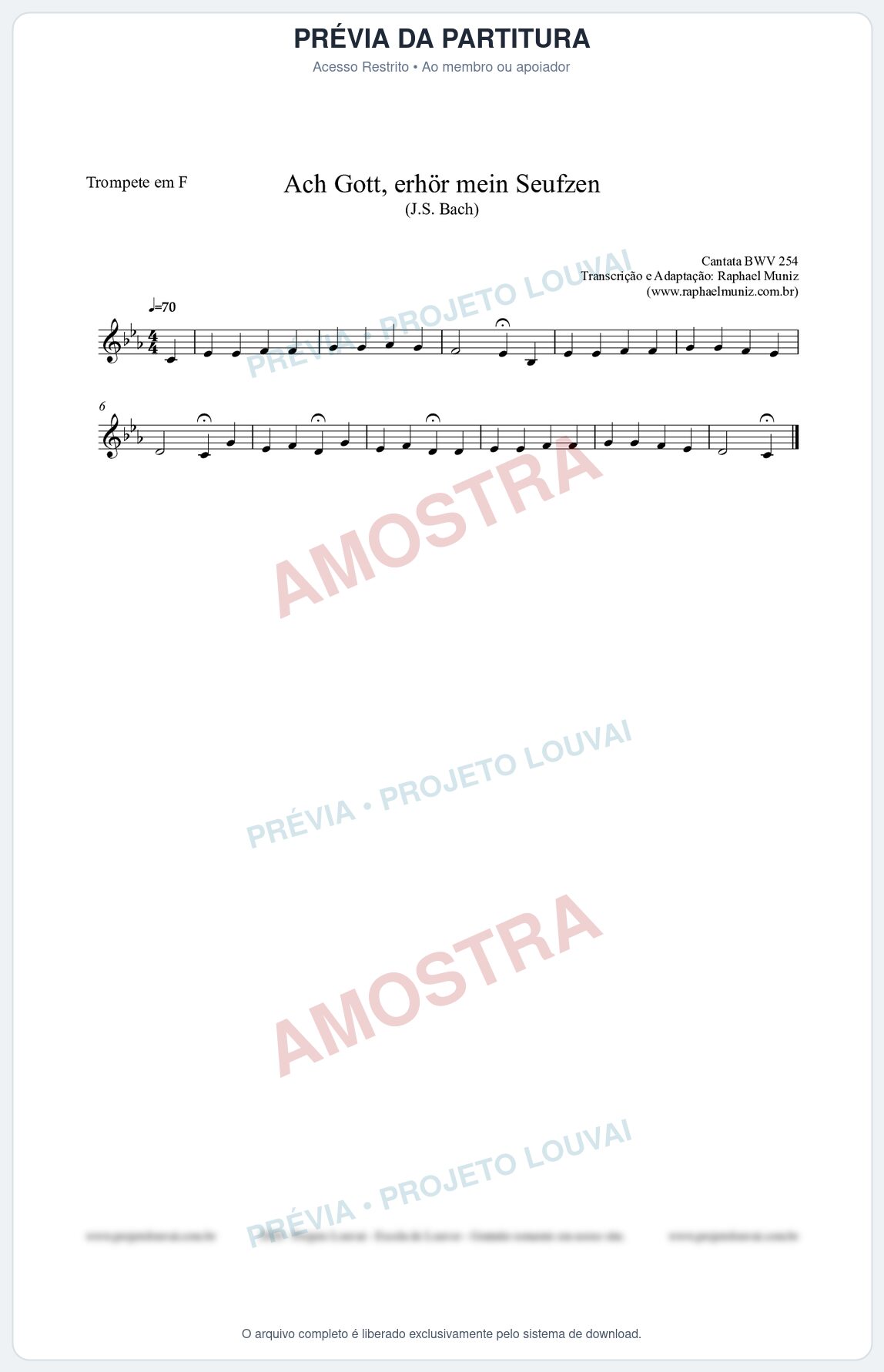 Prévia protegida da primeira página da partitura Partitura para Trompete em F - Ach Gott, erhör mein Seufzen (BWV 254) (Tom Fm) - Johann Sebastian Bach