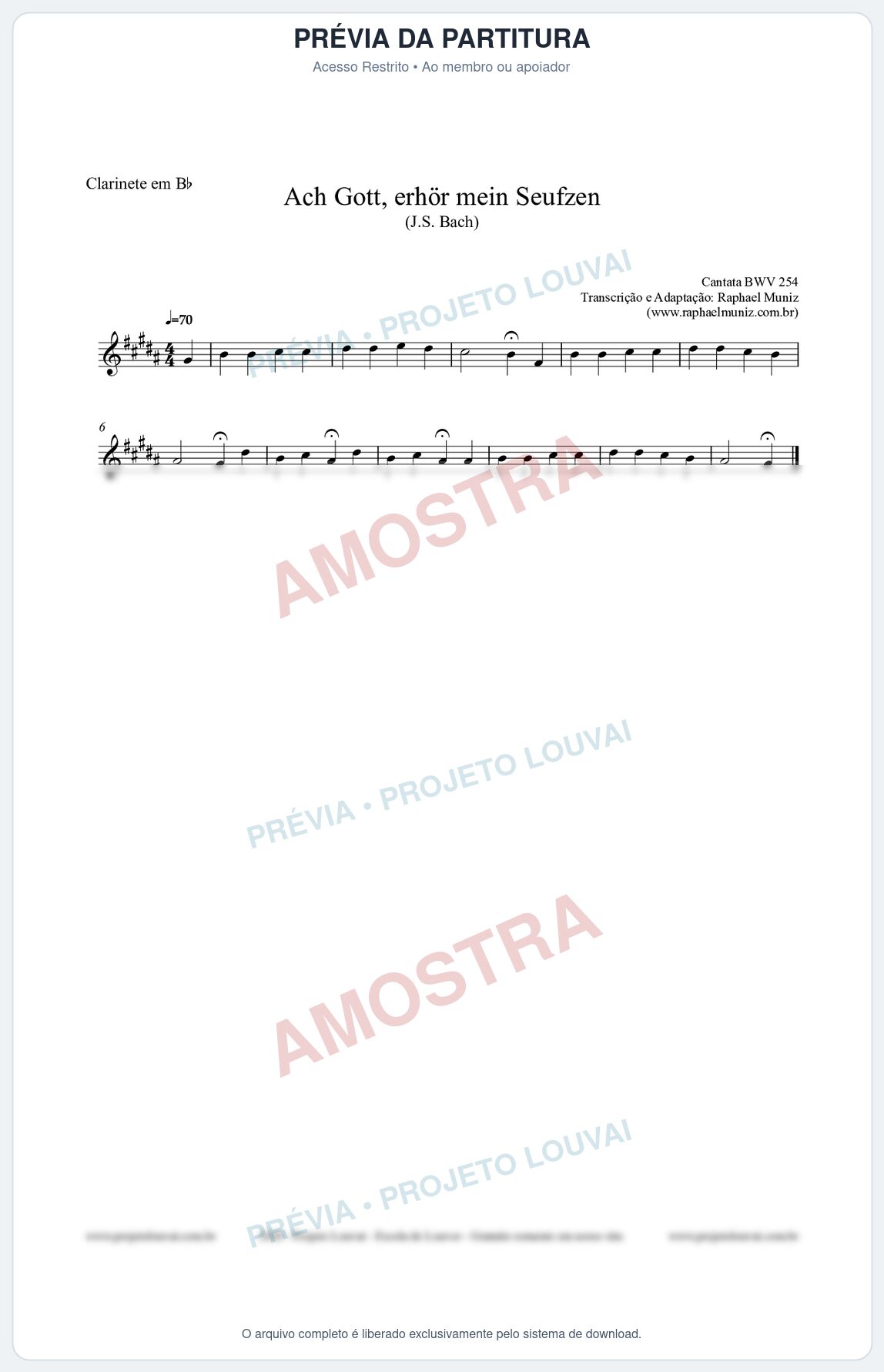 Prévia protegida da primeira página da partitura Partitura para Clarinete em Bb - Ach Gott, erhör mein Seufzen (BWV 254) (Tom F#m) - Johann Sebastian Bach
