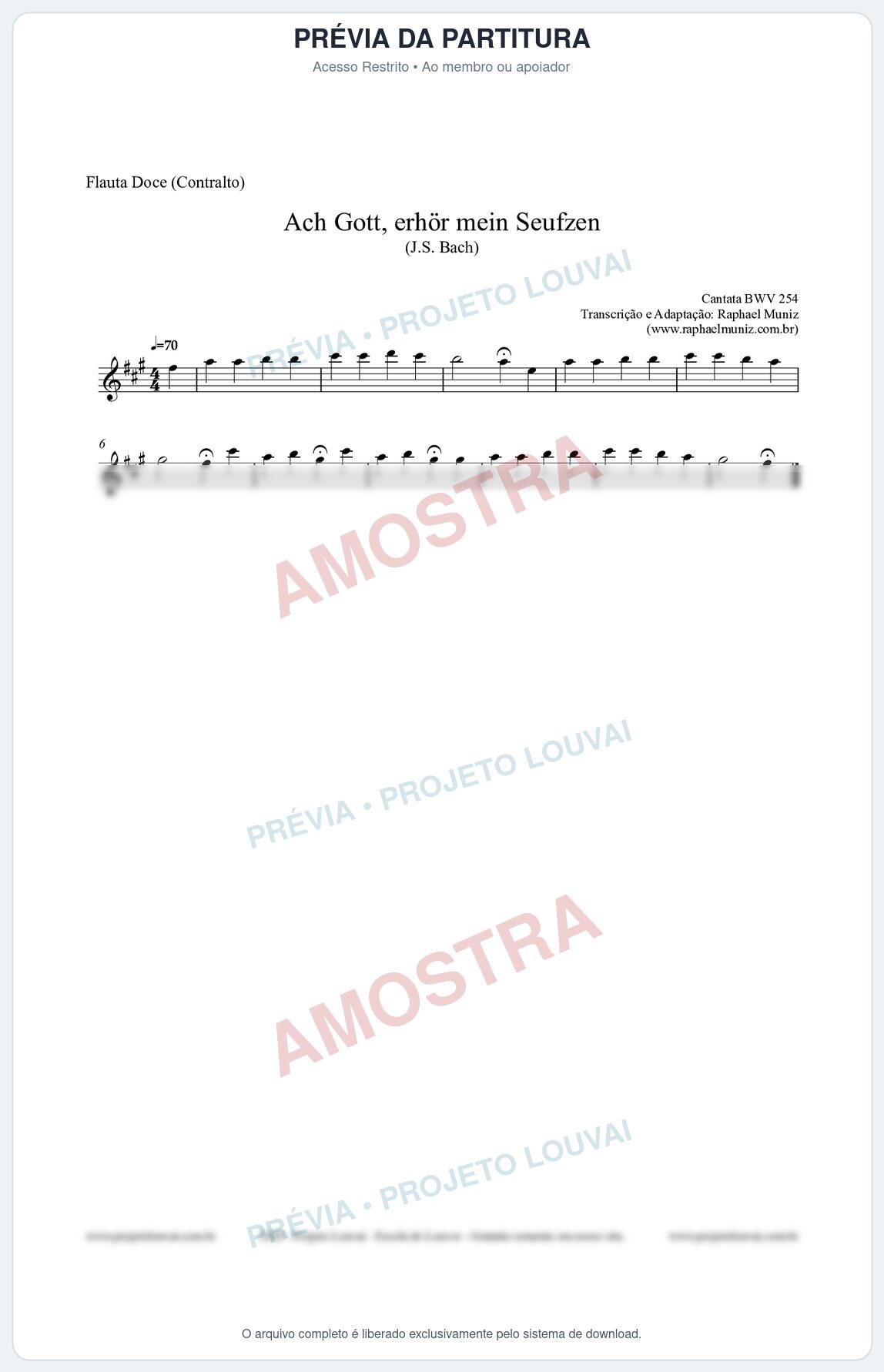Prévia protegida da primeira página da partitura Partitura para Flauta Doce (Contralto) - Ach Gott, erhör mein Seufzen (BWV 254) (Tom F#m) - Johann Sebastian Bach