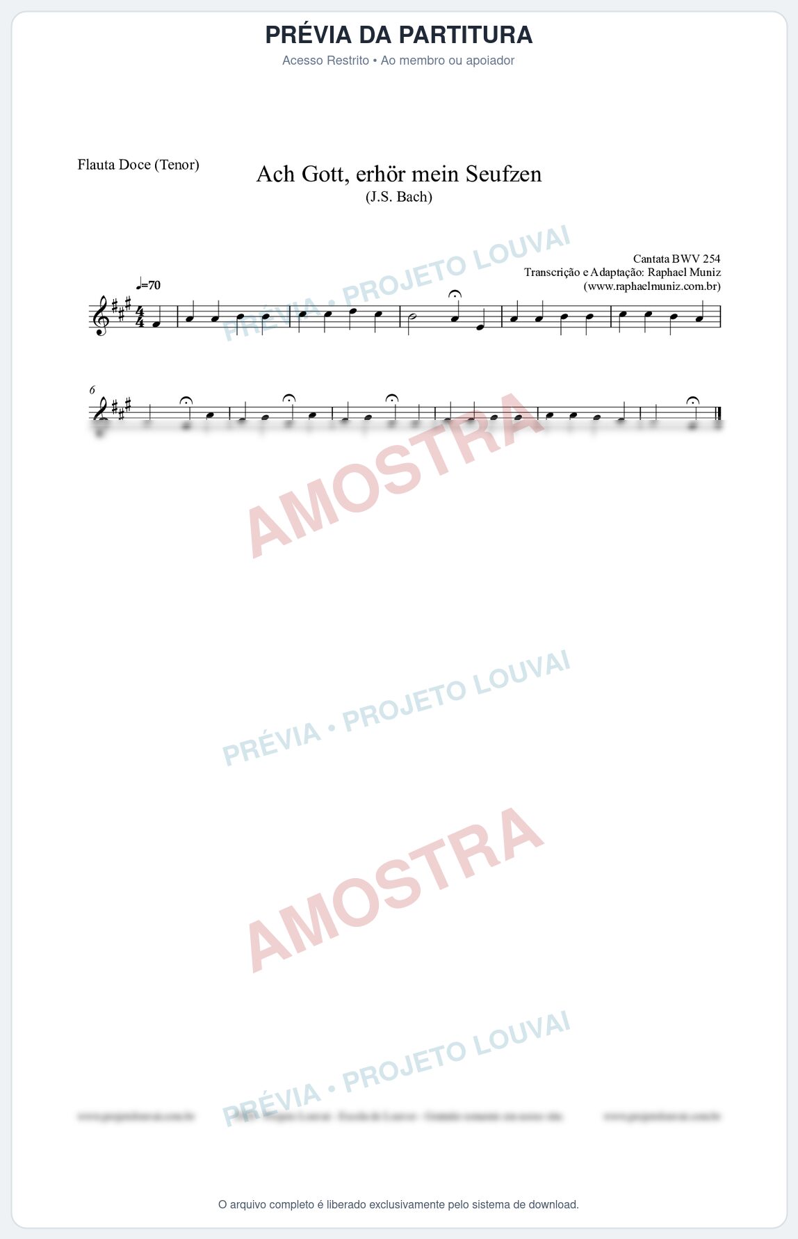 Prévia protegida da primeira página da partitura Partitura para Flauta Doce (Tenor) - Ach Gott, erhör mein Seufzen (BWV 254) (Tom F#m) - Johann Sebastian Bach