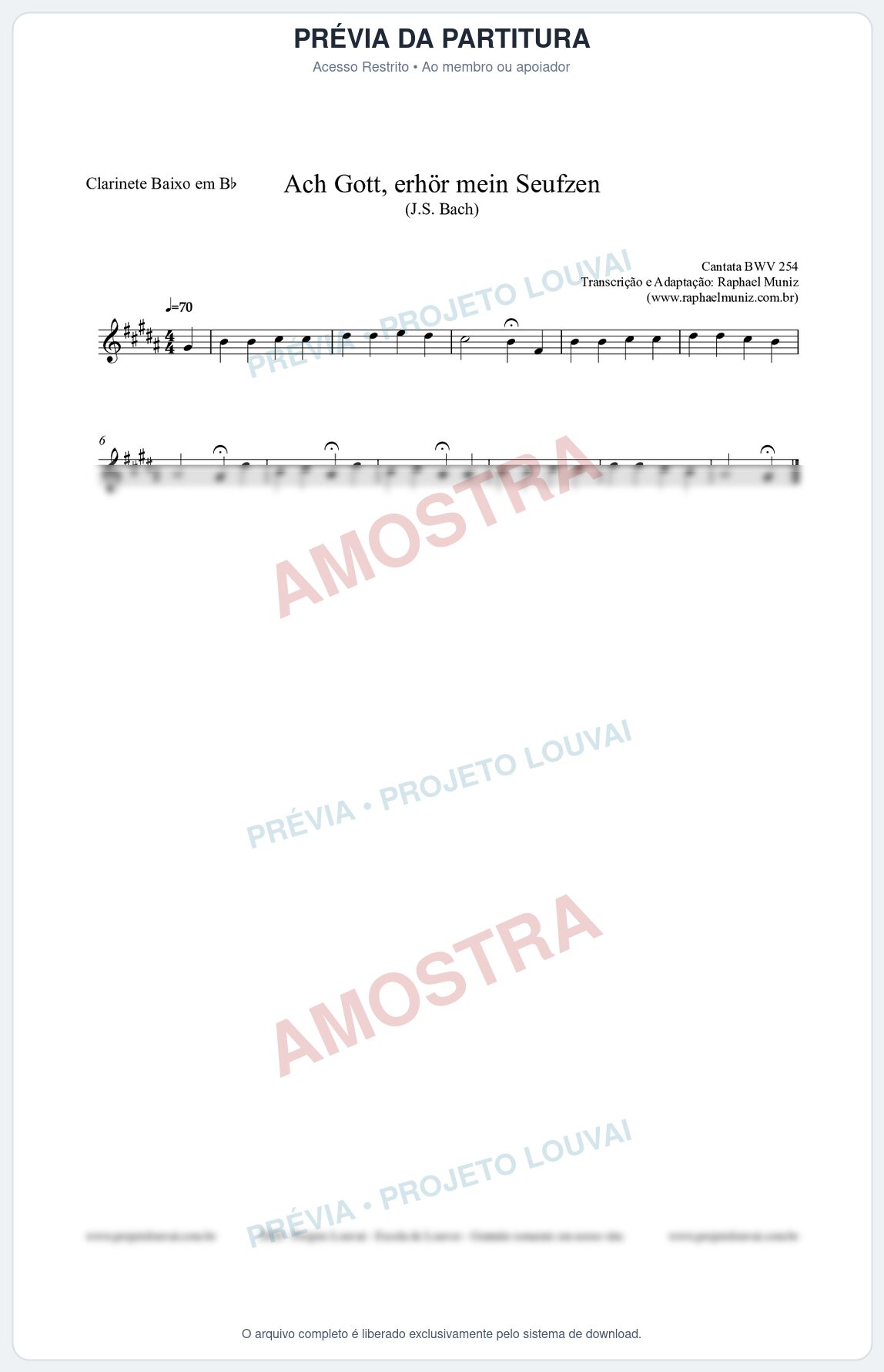 Prévia protegida da primeira página da partitura Partitura para Clarinete Baixo em Bb - Ach Gott, erhör mein Seufzen (BWV 254) (Tom F#m) - Johann Sebastian Bach