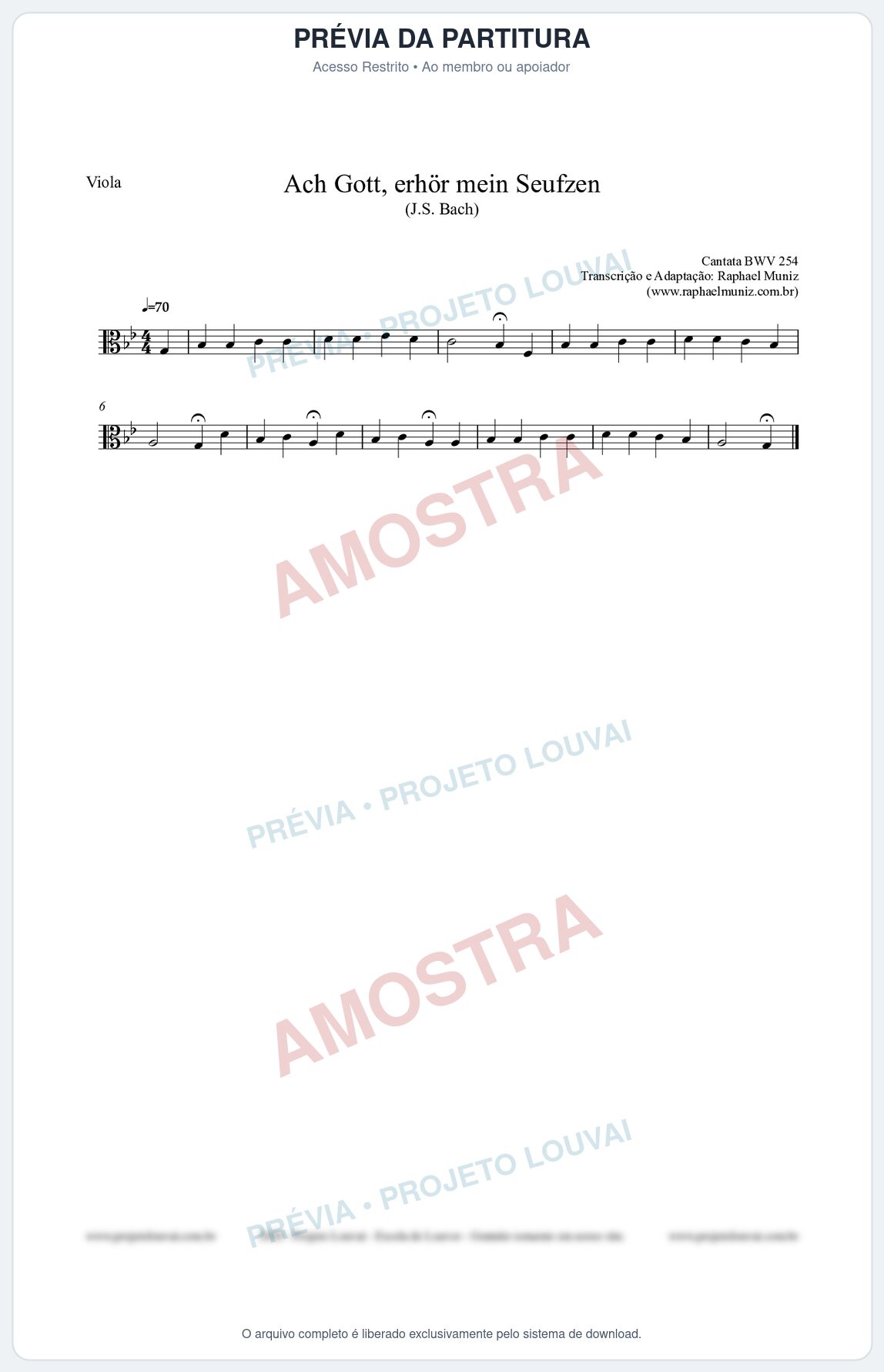 Prévia protegida da primeira página da partitura Partitura para Viola - Ach Gott, erhör mein Seufzen (BWV 254) (Tom Gm) - Johann Sebastian Bach