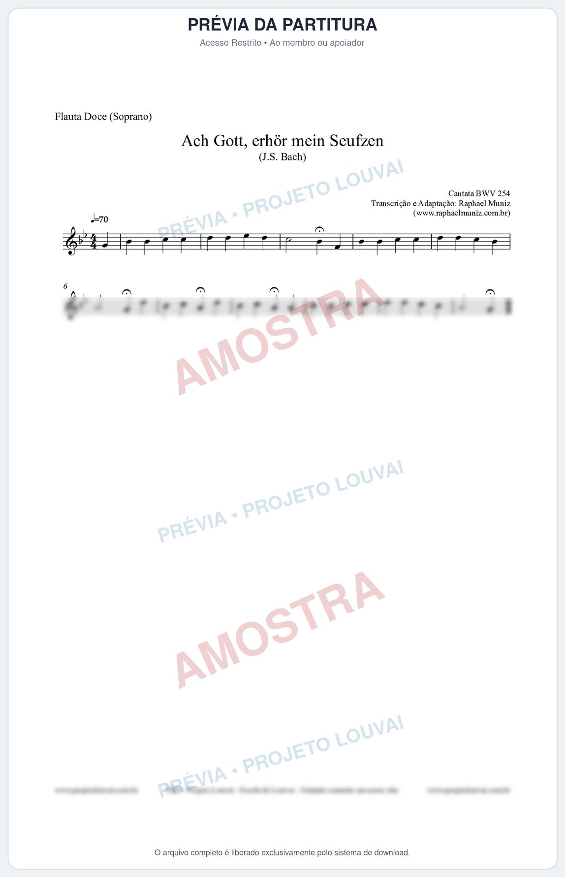 Prévia protegida da primeira página da partitura Partitura para Flauta Doce (Soprano) - Ach Gott, erhör mein Seufzen (BWV 254) (Tom Gm) - Johann Sebastian Bach