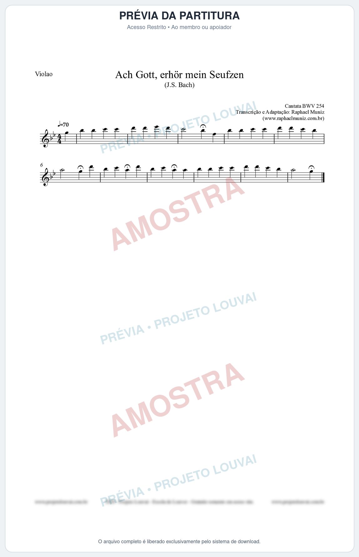 Prévia protegida da primeira página da partitura Partitura para Violão - Ach Gott, erhör mein Seufzen (BWV 254) (Tom Gm) - Johann Sebastian Bach
