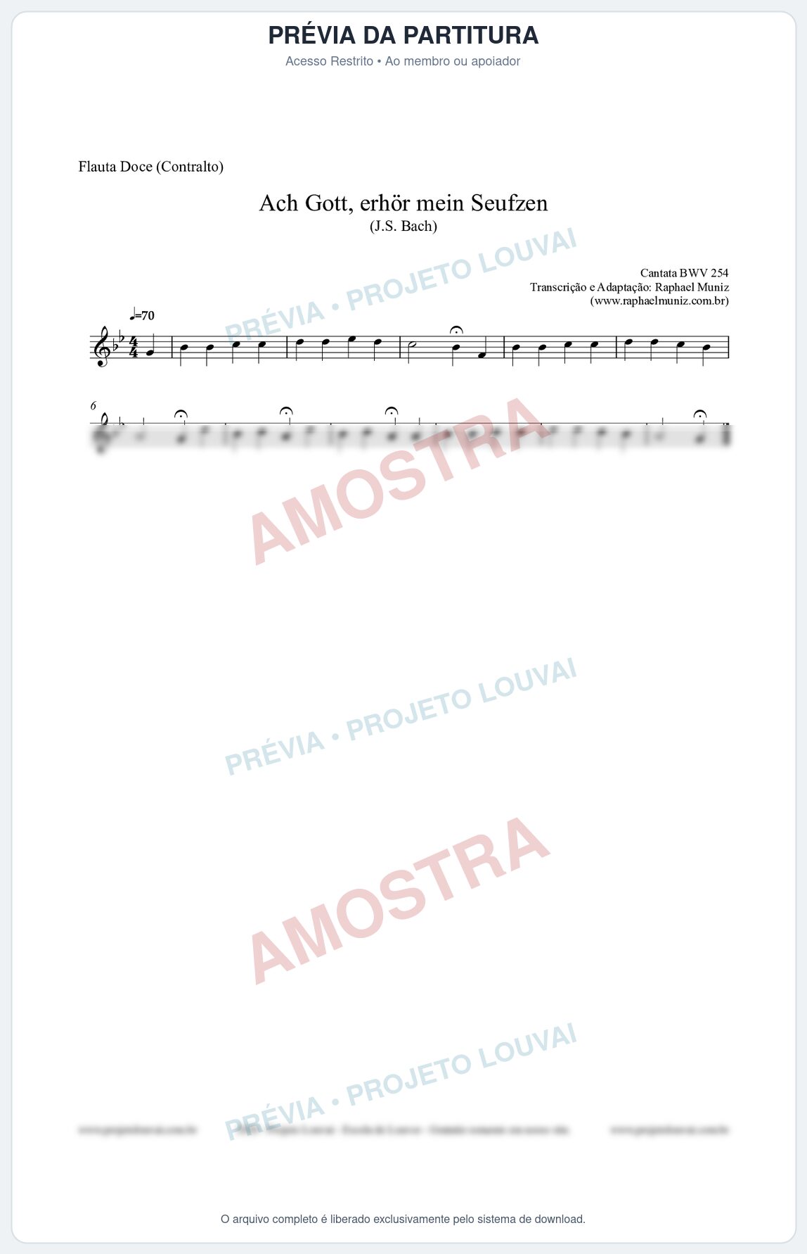 Prévia protegida da primeira página da partitura Partitura para Flauta Doce (Contralto) - Ach Gott, erhör mein Seufzen (BWV 254) (Tom Gm) - Johann Sebastian Bach