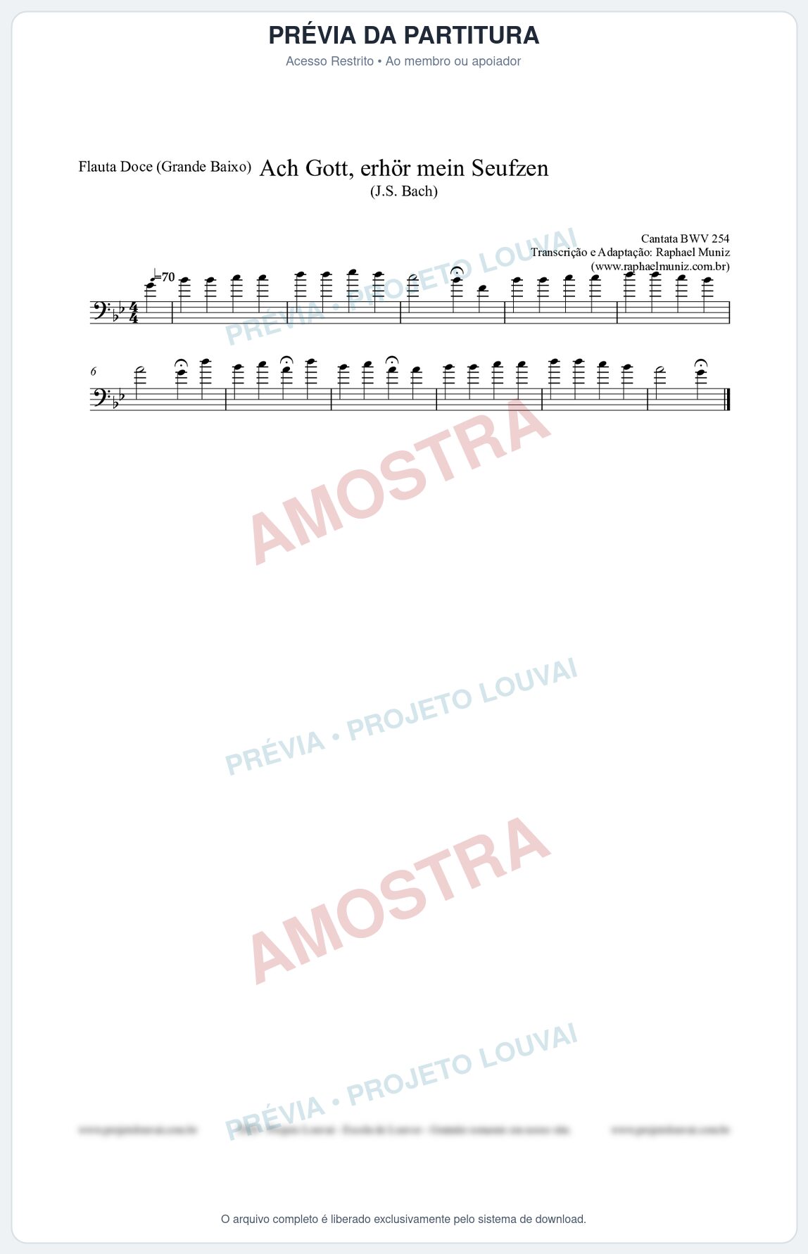 Prévia protegida da primeira página da partitura Partitura para Flauta Doce (Grande Baixo) - Ach Gott, erhör mein Seufzen (BWV 254) (Tom Gm) - Johann Sebastian Bach
