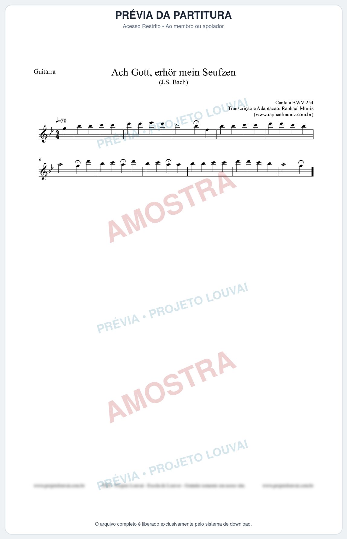 Prévia protegida da primeira página da partitura Partitura para Guitarra - Ach Gott, erhör mein Seufzen (BWV 254) (Tom Gm) - Johann Sebastian Bach