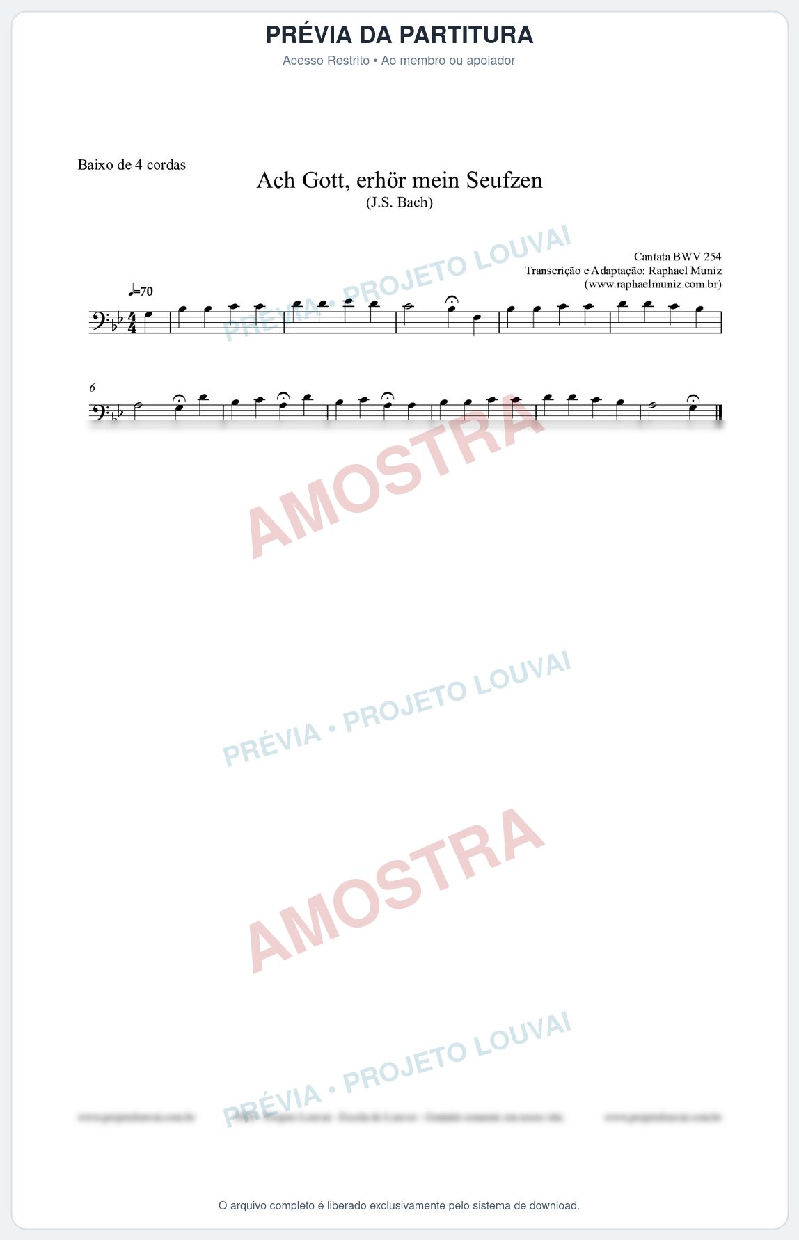 Prévia protegida da primeira página da partitura Partitura para Baixo de 4 cordas - Ach Gott, erhör mein Seufzen (BWV 254) (Tom Gm) - Johann Sebastian Bach