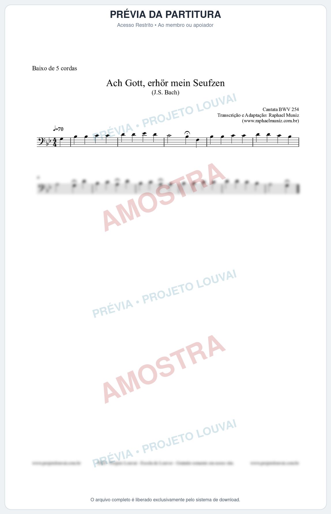 Prévia protegida da primeira página da partitura Partitura para Baixo de 5 cordas - Ach Gott, erhör mein Seufzen (BWV 254) (Tom Gm) - Johann Sebastian Bach