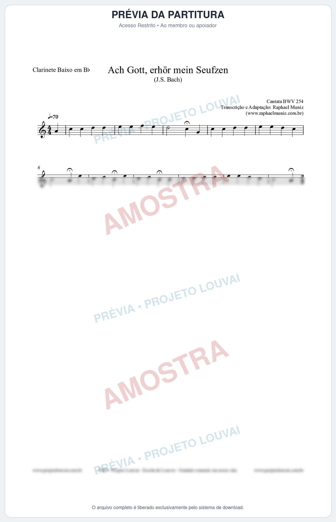 Prévia protegida da primeira página da partitura Partitura para Clarinete Baixo em Bb - Ach Gott, erhör mein Seufzen (BWV 254) (Tom Gm) - Johann Sebastian Bach