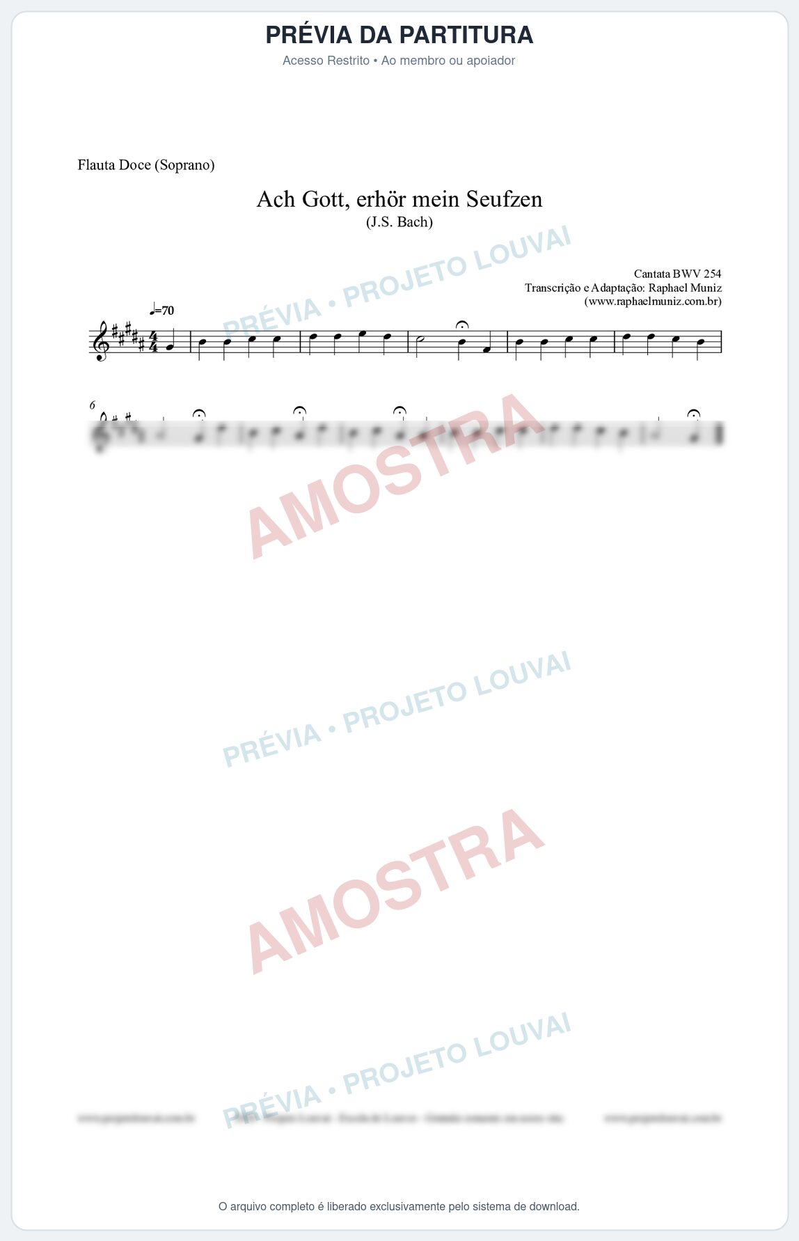 Prévia protegida da primeira página da partitura Partitura para Flauta Doce (Soprano) - Ach Gott, erhör mein Seufzen (BWV 254) (Tom G#m) - Johann Sebastian Bach