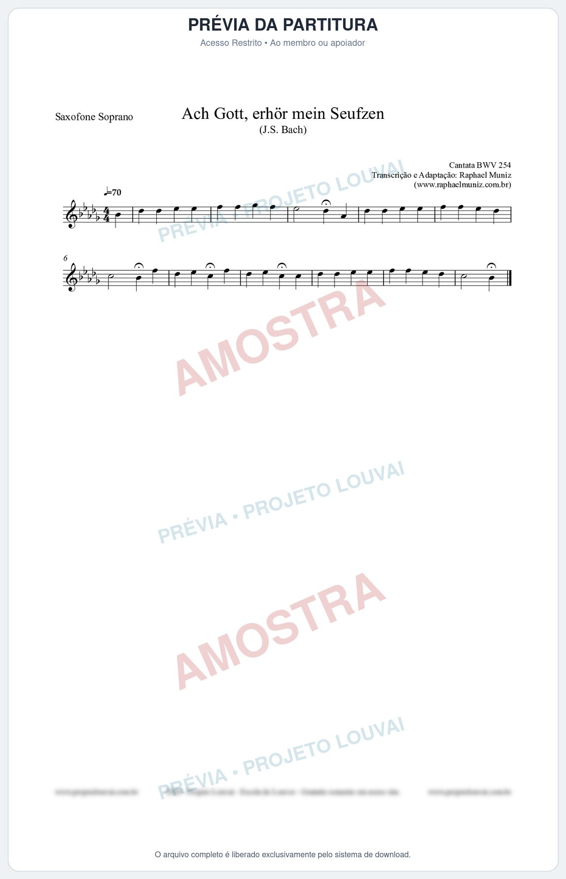 Prévia protegida da primeira página da partitura Partitura para Saxofone Soprano - Ach Gott, erhör mein Seufzen (BWV 254) (Tom G#m) - Johann Sebastian Bach