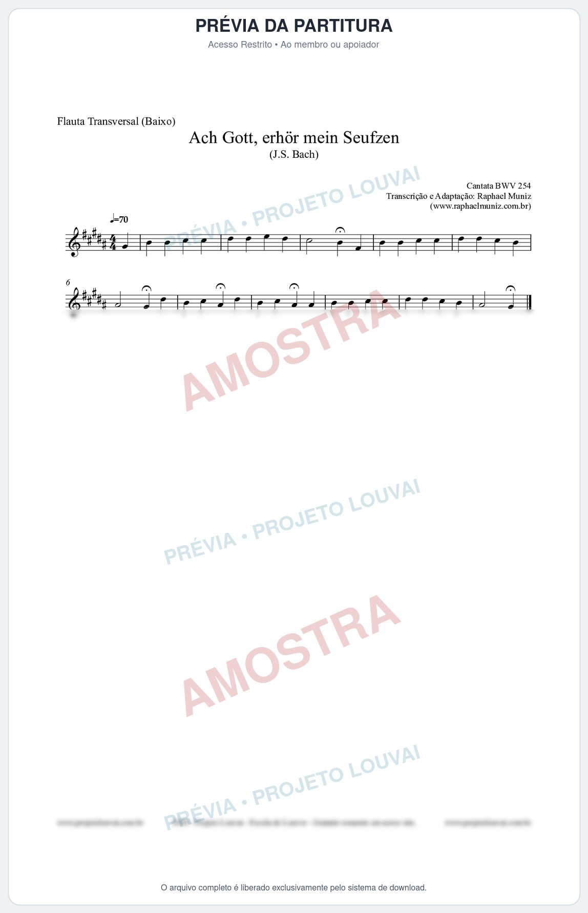 Prévia protegida da primeira página da partitura Partitura para Flauta Transversal (Baixo) - Ach Gott, erhör mein Seufzen (BWV 254) (Tom G#m) - Johann Sebastian Bach