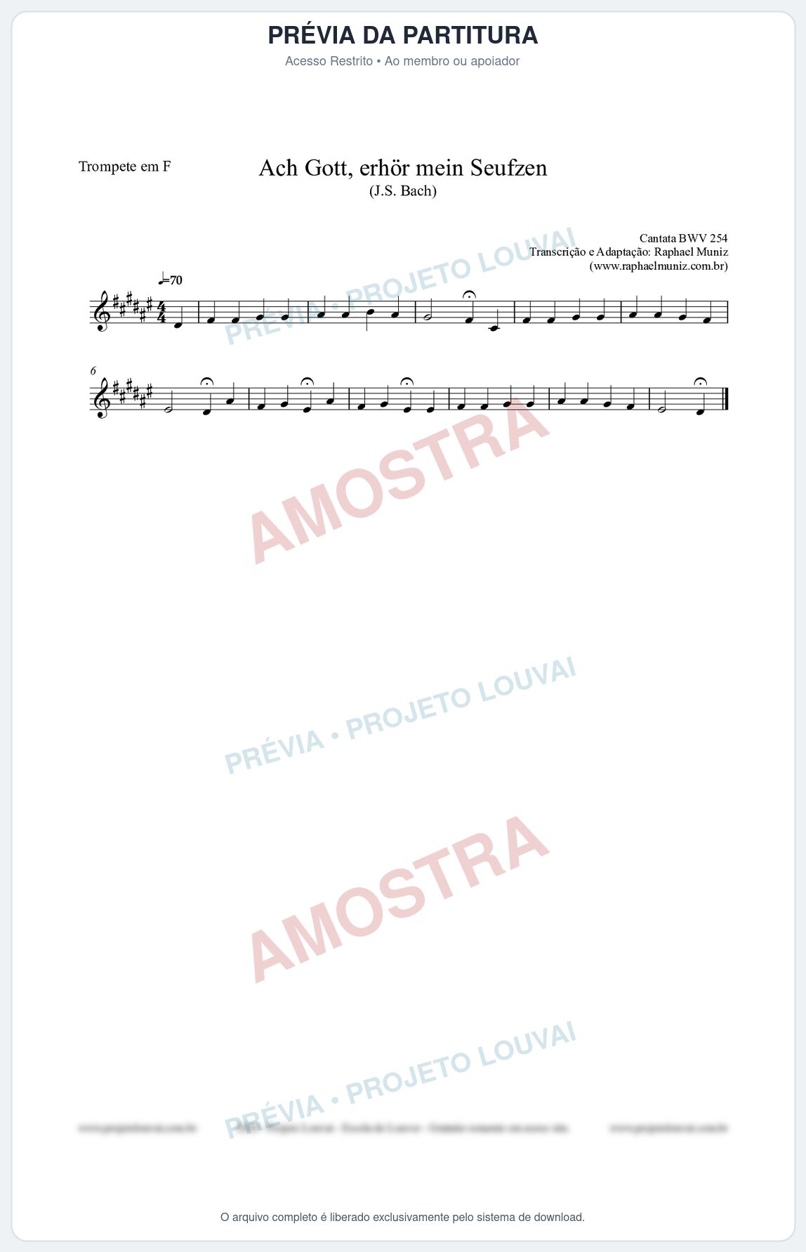 Prévia protegida da primeira página da partitura Partitura para Trompete em F - Ach Gott, erhör mein Seufzen (BWV 254) (Tom G#m) - Johann Sebastian Bach