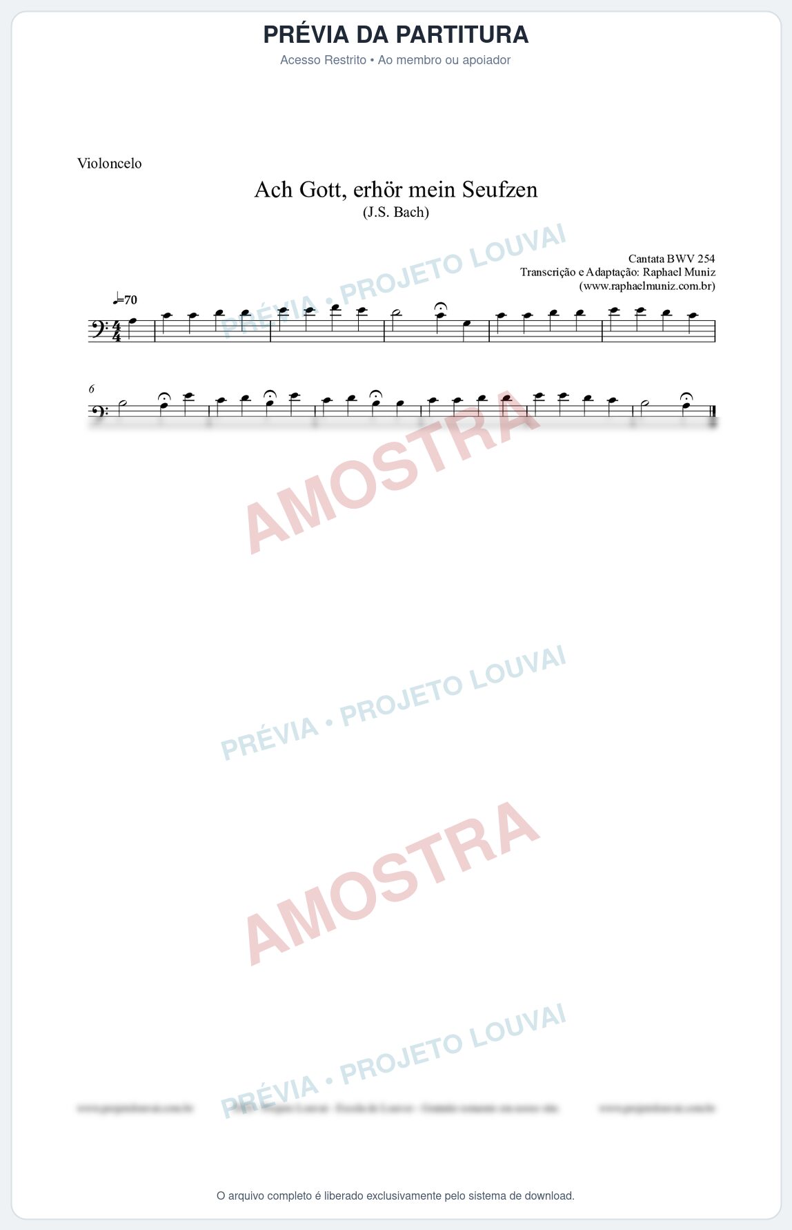 Prévia protegida da primeira página da partitura Partitura para Violoncelo - Ach Gott, erhör mein Seufzen (BWV 254) (Tom Am) - Johann Sebastian Bach