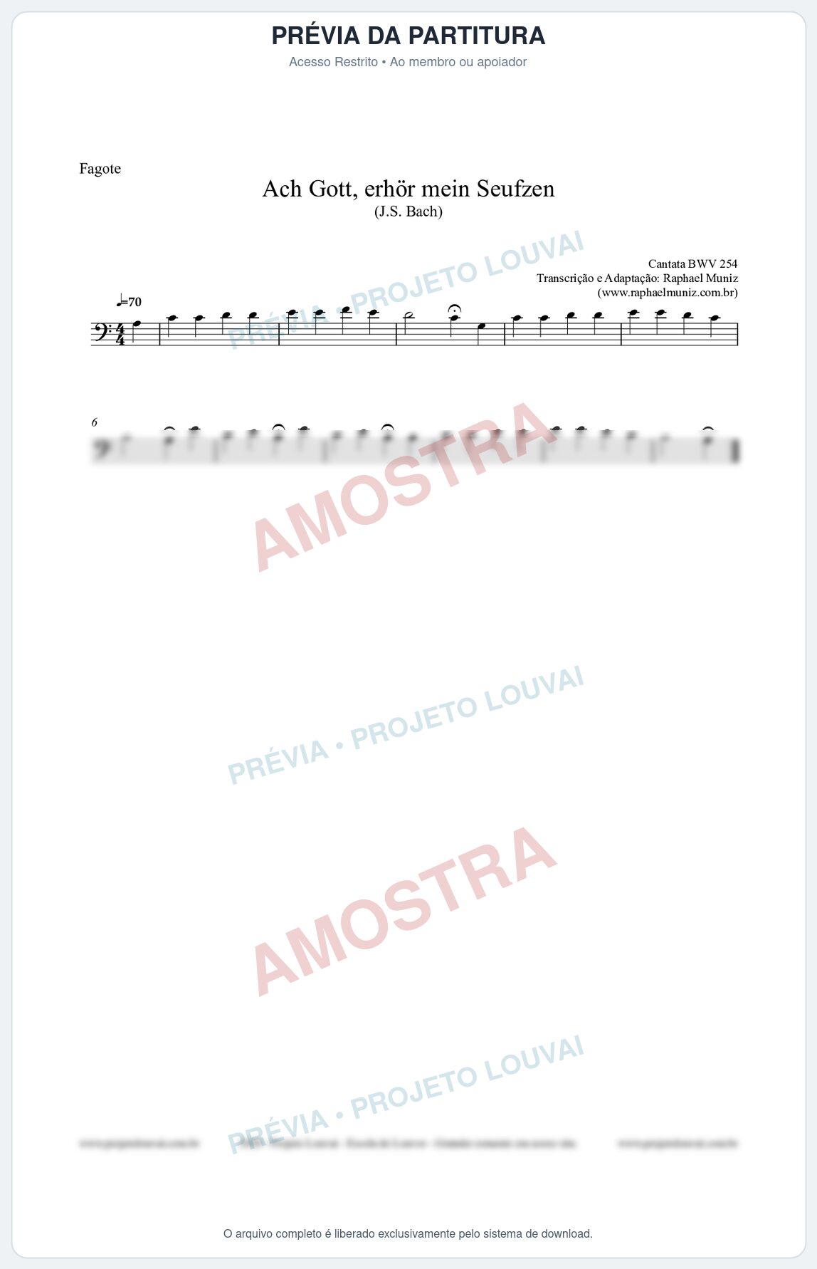 Prévia protegida da primeira página da partitura Partitura para Fagote - Ach Gott, erhör mein Seufzen (BWV 254) (Tom Am) - Johann Sebastian Bach