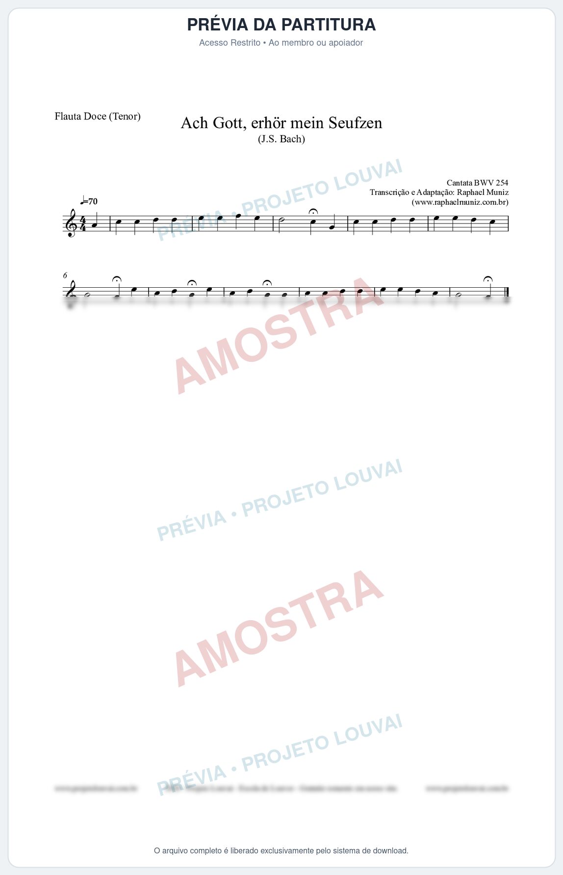 Prévia protegida da primeira página da partitura Partitura para Flauta Doce (Tenor) - Ach Gott, erhör mein Seufzen (BWV 254) (Tom Am) - Johann Sebastian Bach