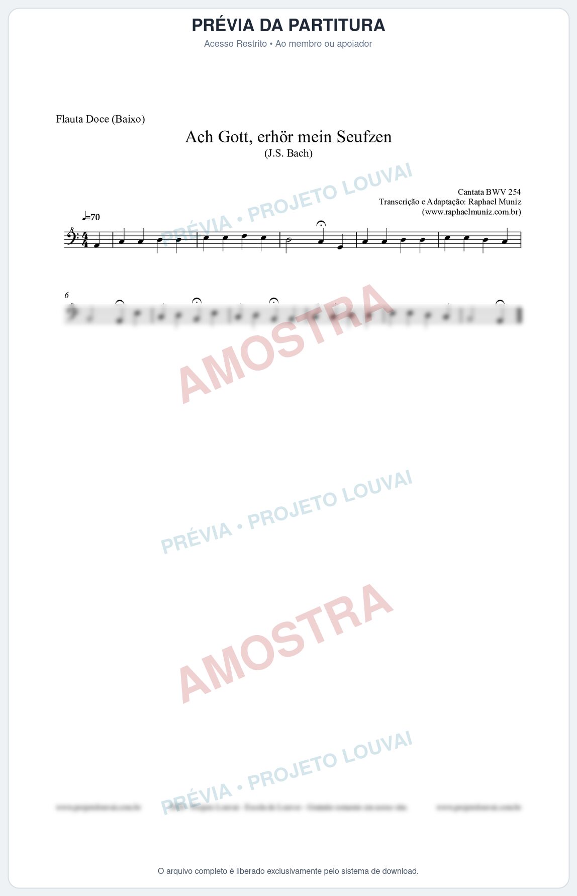 Prévia protegida da primeira página da partitura Partitura para Flauta Doce (Baixo) - Ach Gott, erhör mein Seufzen (BWV 254) (Tom Am) - Johann Sebastian Bach