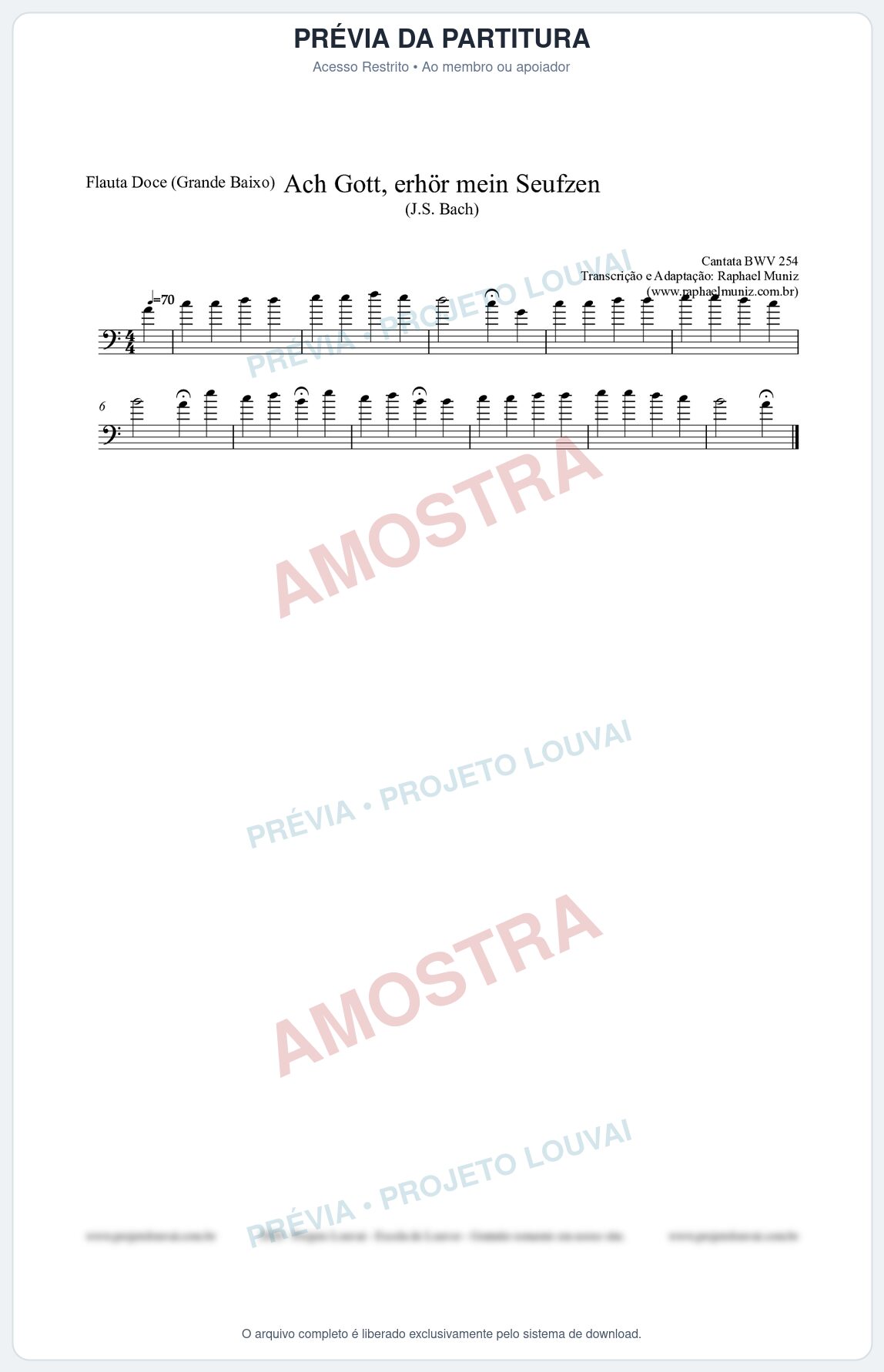 Prévia protegida da primeira página da partitura Partitura para Flauta Doce (Grande Baixo) - Ach Gott, erhör mein Seufzen (BWV 254) (Tom Am) - Johann Sebastian Bach