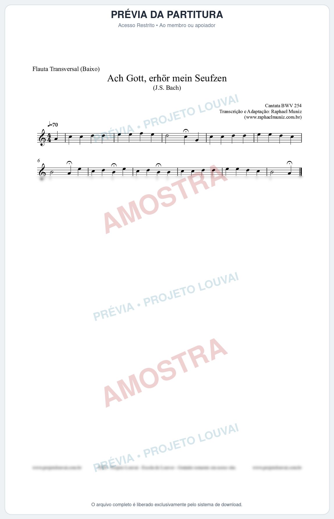 Prévia protegida da primeira página da partitura Partitura para Flauta Transversal (Baixo) - Ach Gott, erhör mein Seufzen (BWV 254) (Tom Am) - Johann Sebastian Bach