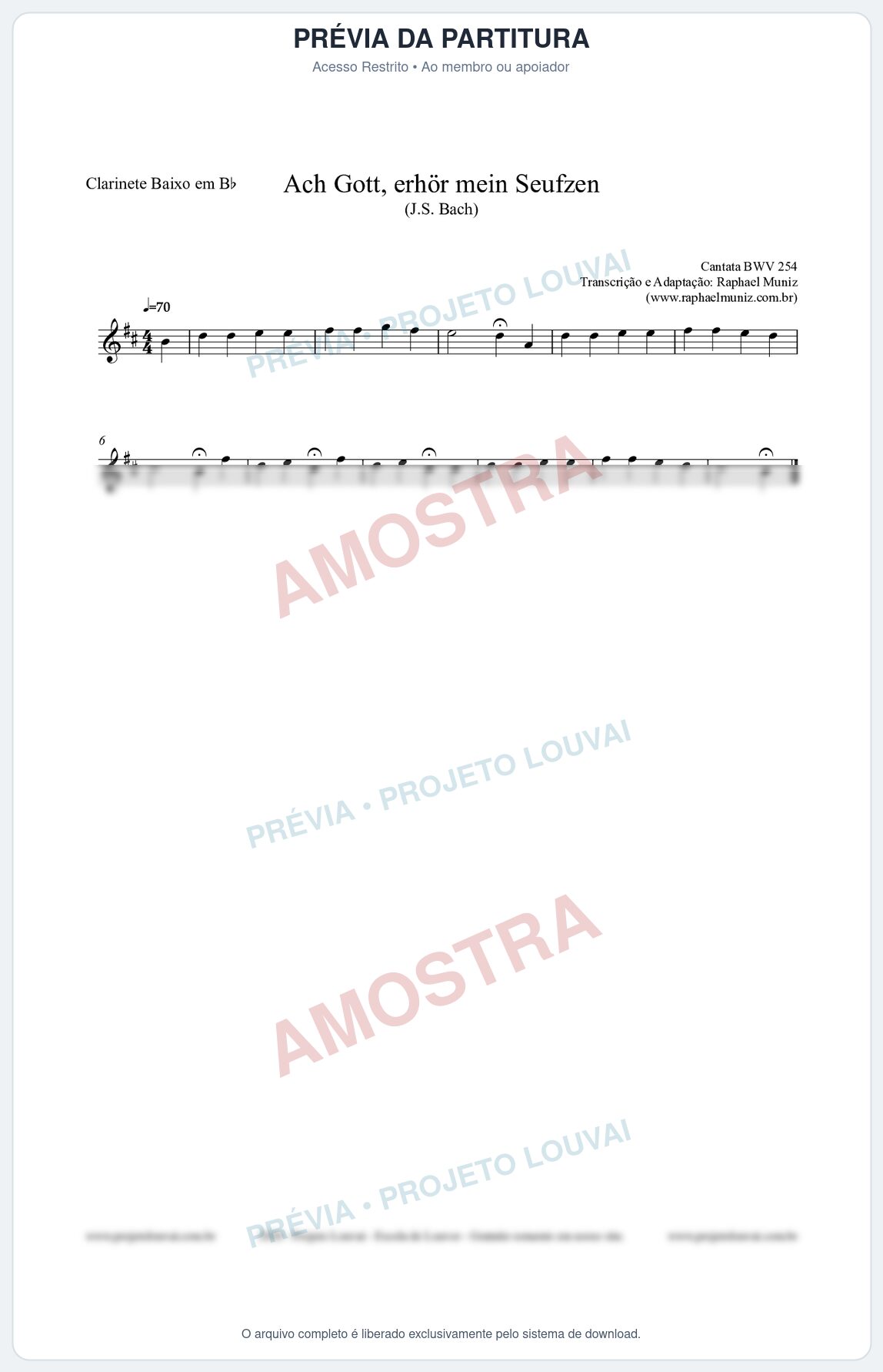 Prévia protegida da primeira página da partitura Partitura para Clarinete Baixo em Bb - Ach Gott, erhör mein Seufzen (BWV 254) (Tom Am) - Johann Sebastian Bach