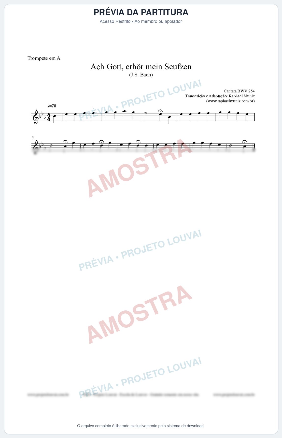 Prévia protegida da primeira página da partitura Partitura para Trompete em A - Ach Gott, erhör mein Seufzen (BWV 254) (Tom Am) - Johann Sebastian Bach