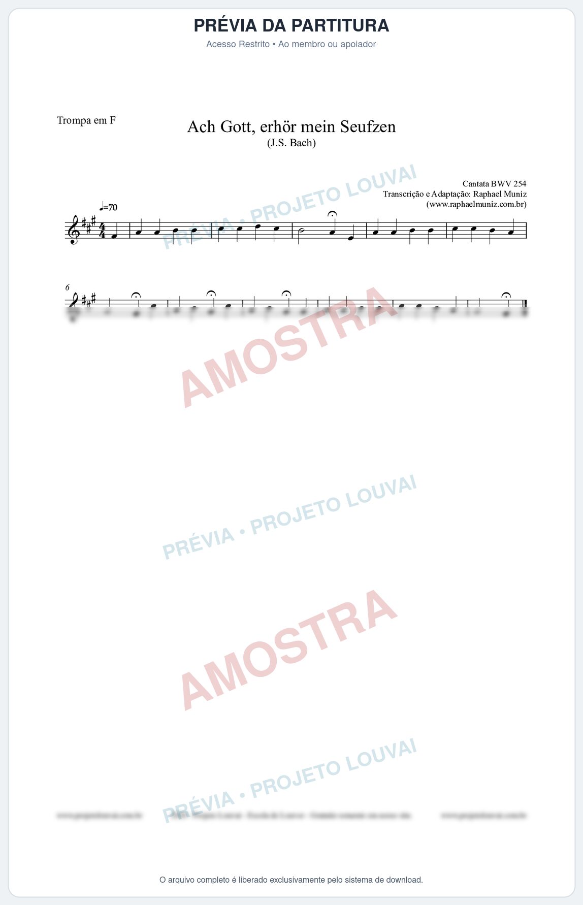 Prévia protegida da primeira página da partitura Partitura para Trompa em F - Ach Gott, erhör mein Seufzen (BWV 254) (Tom Bm) - Johann Sebastian Bach