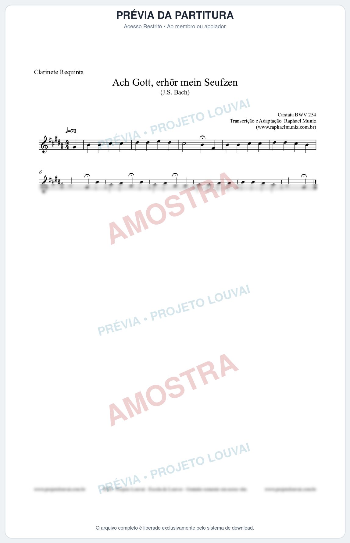 Prévia protegida da primeira página da partitura Partitura para Clarinete Requinta - Ach Gott, erhör mein Seufzen (BWV 254) (Tom Bm) - Johann Sebastian Bach