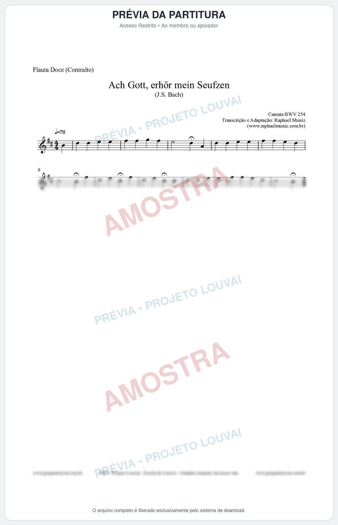 Prévia protegida da primeira página da partitura Partitura para Flauta Doce (Contralto) - Ach Gott, erhör mein Seufzen (BWV 254) (Tom Bm) - Johann Sebastian Bach