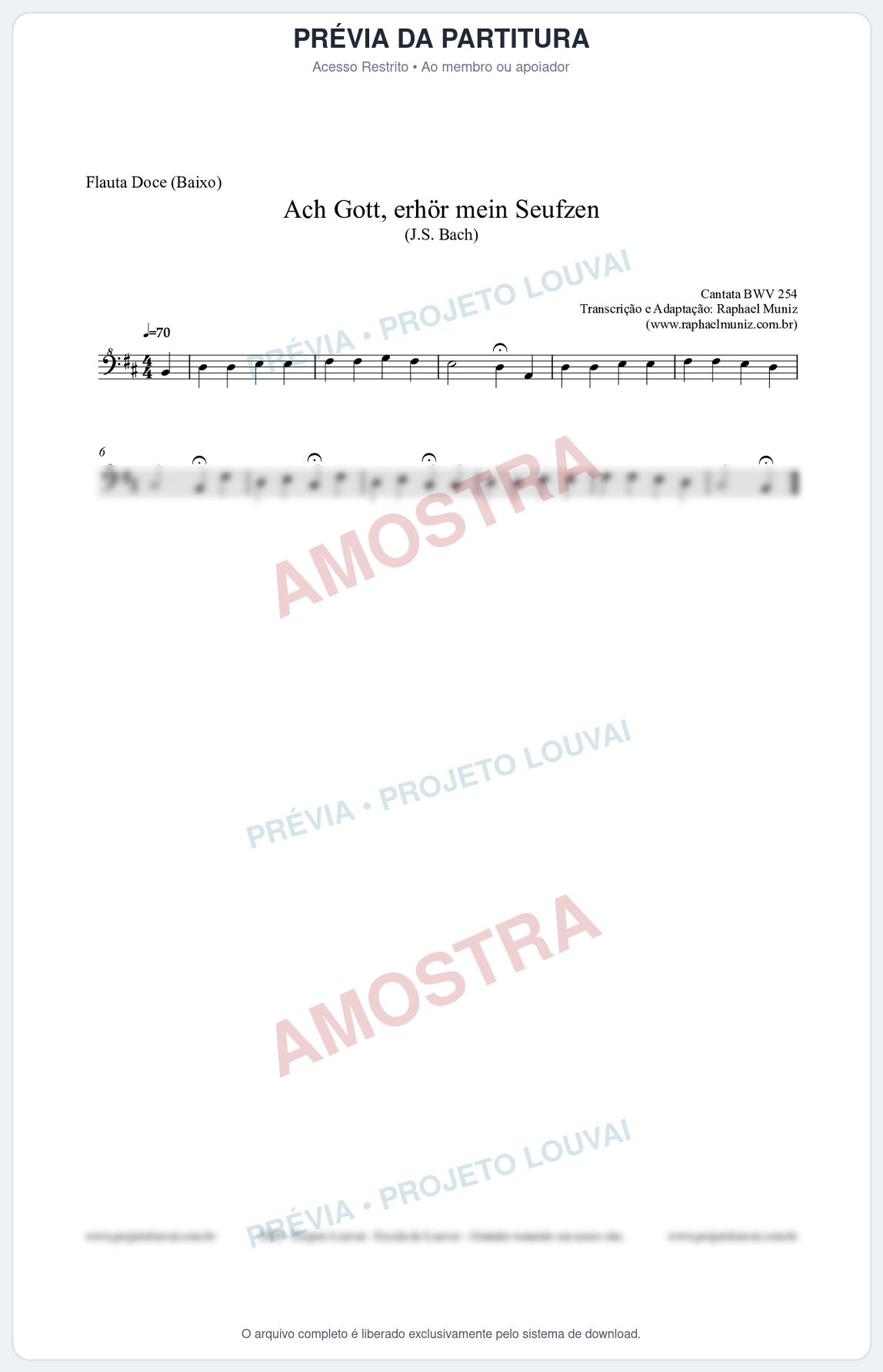 Prévia protegida da primeira página da partitura Partitura para Flauta Doce (Baixo) - Ach Gott, erhör mein Seufzen (BWV 254) (Tom Bm) - Johann Sebastian Bach