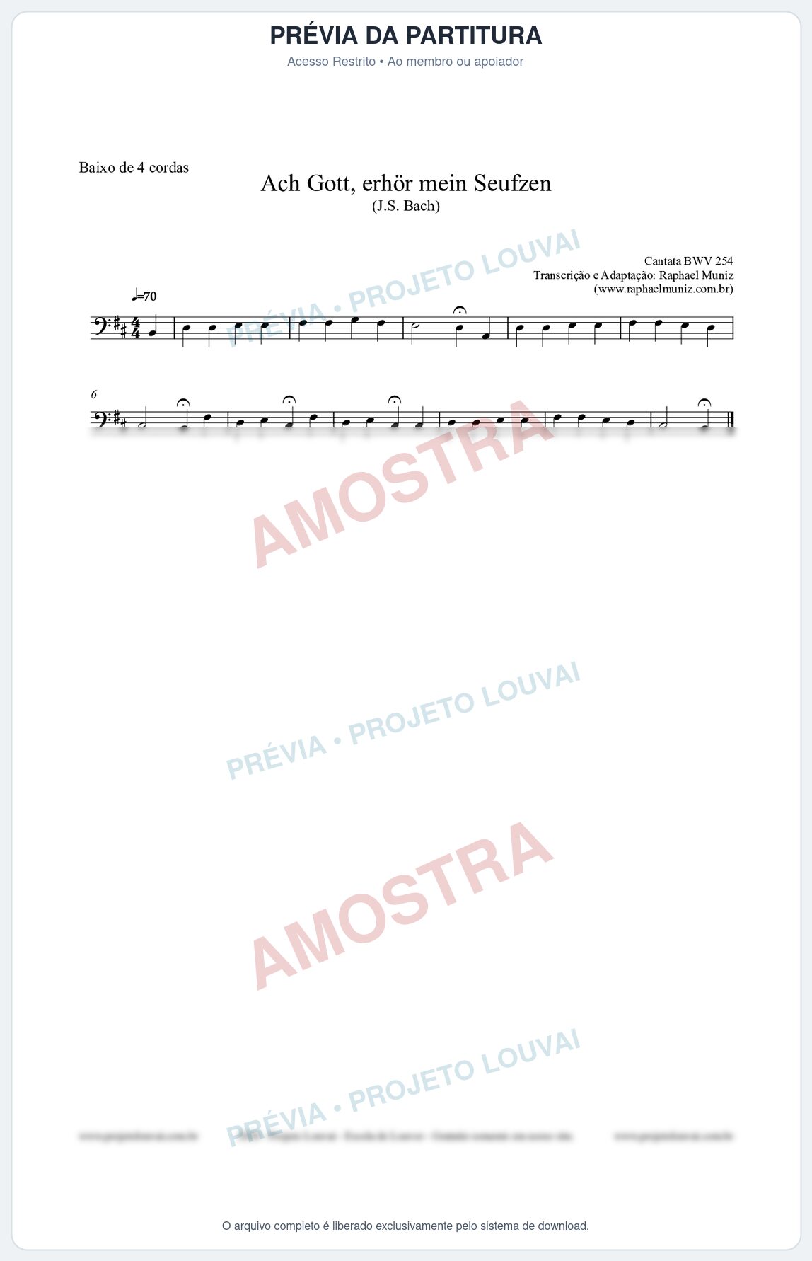 Prévia protegida da primeira página da partitura Partitura para Baixo de 4 cordas - Ach Gott, erhör mein Seufzen (BWV 254) (Tom Bm) - Johann Sebastian Bach