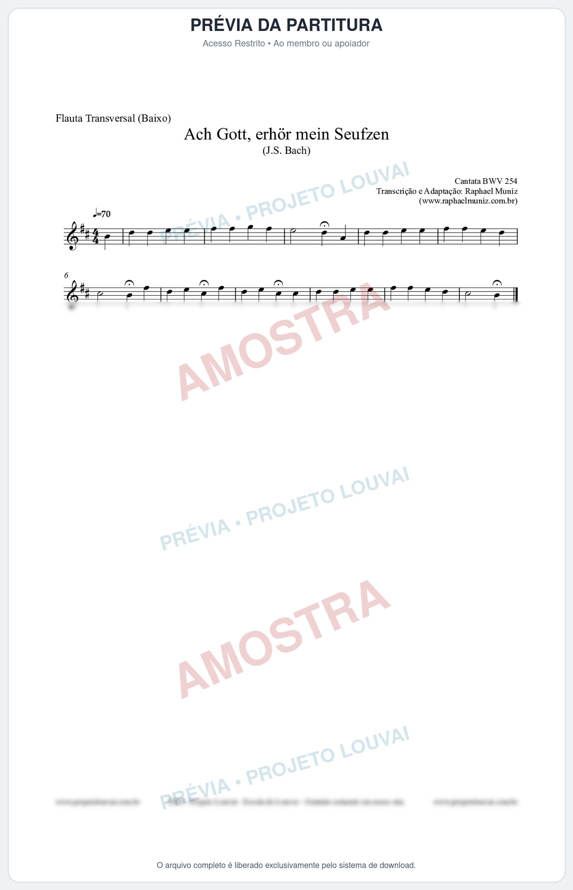 Prévia protegida da primeira página da partitura Partitura para Flauta Transversal (Baixo) - Ach Gott, erhör mein Seufzen (BWV 254) (Tom Bm) - Johann Sebastian Bach