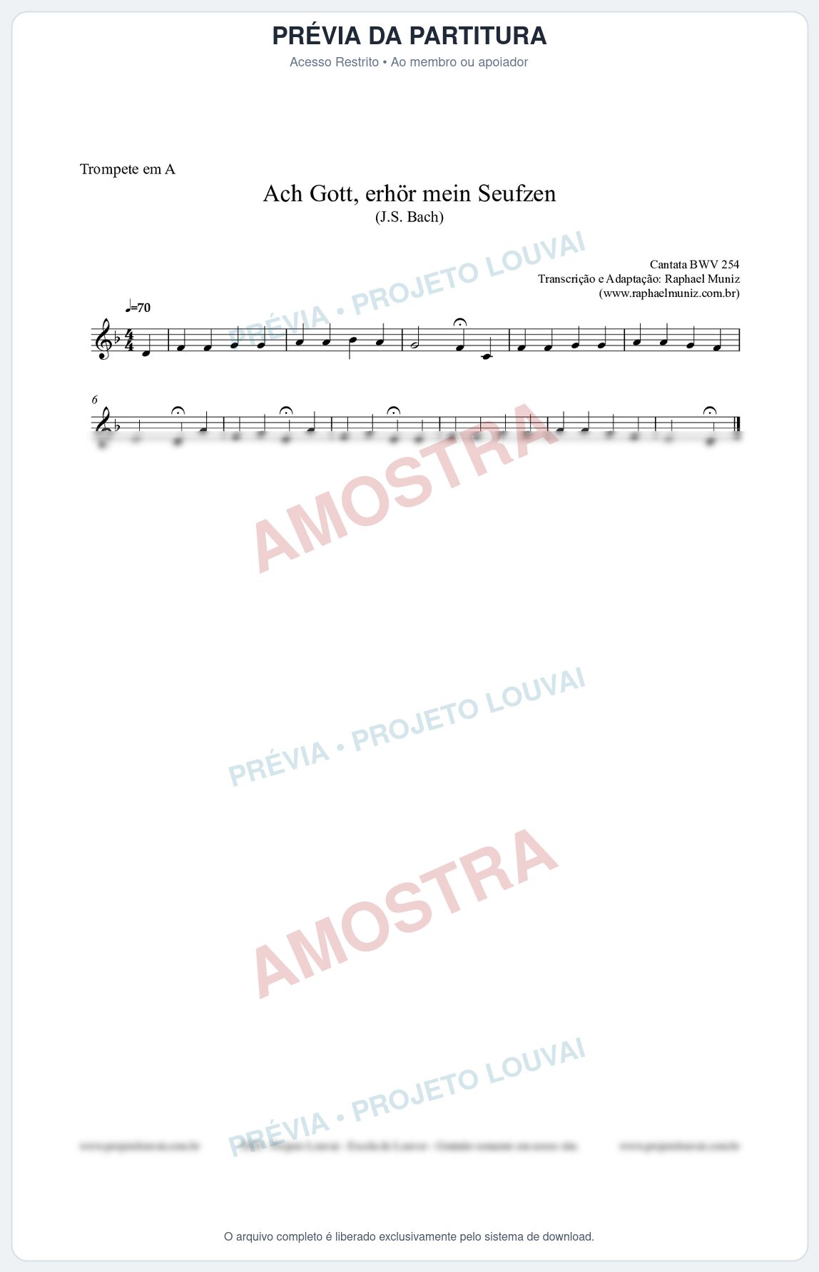 Prévia protegida da primeira página da partitura Partitura para Trompete em A - Ach Gott, erhör mein Seufzen (BWV 254) (Tom Bm) - Johann Sebastian Bach