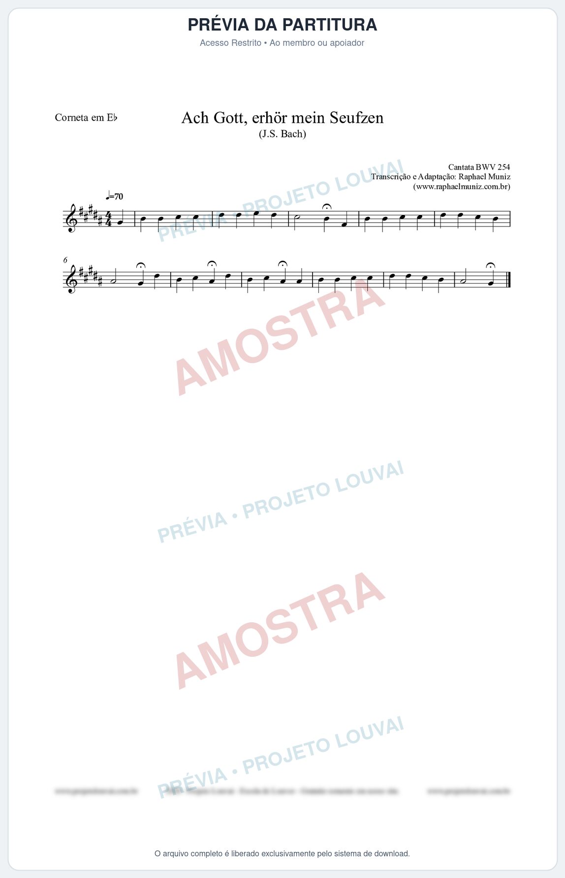 Prévia protegida da primeira página da partitura Partitura para Corneta em Eb - Ach Gott, erhör mein Seufzen (BWV 254) (Tom Bm) - Johann Sebastian Bach