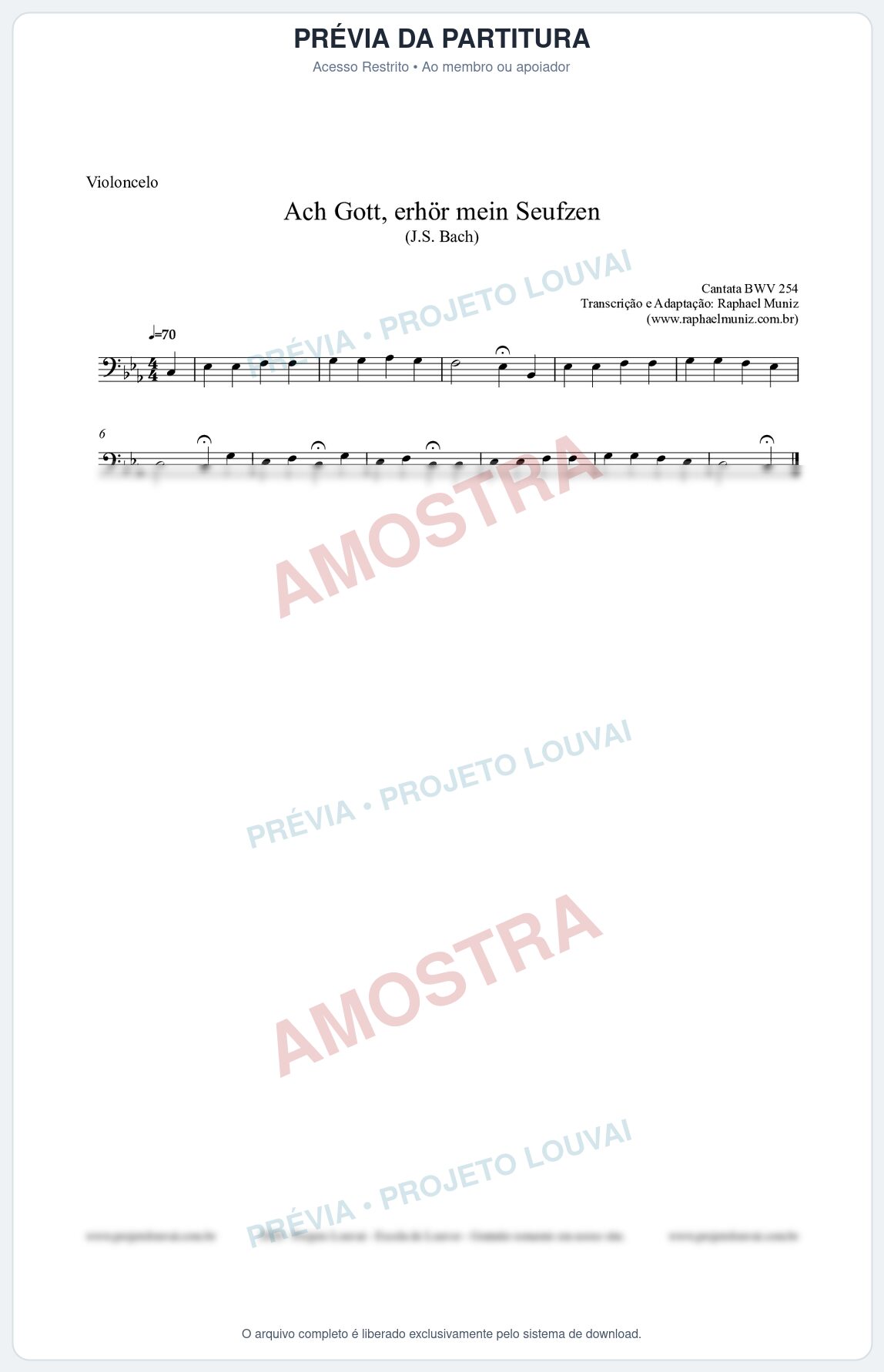 Prévia protegida da primeira página da partitura Partitura para Violoncelo - Ach Gott, erhör mein Seufzen (BWV 254) (Tom Cm) - Johann Sebastian Bach
