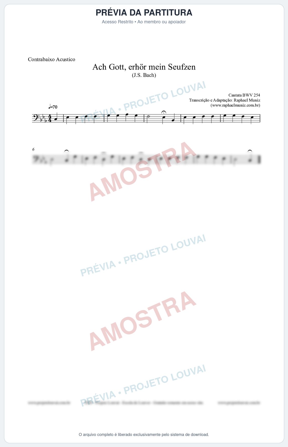 Prévia protegida da primeira página da partitura Partitura para Contrabaixo Acústico - Ach Gott, erhör mein Seufzen (BWV 254) (Tom Cm) - Johann Sebastian Bach