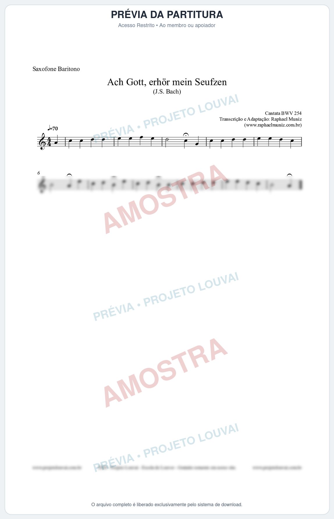 Prévia protegida da primeira página da partitura Partitura para Saxofone Barítono - Ach Gott, erhör mein Seufzen (BWV 254) (Tom Cm) - Johann Sebastian Bach
